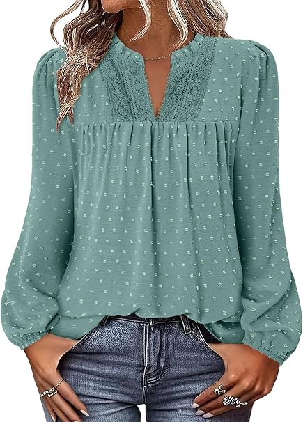 BETTE BOUTIK Women Boho Long Sleeve Shirts Dressy Casual V Neck Fall Fashion Tops Swiss Dot Flowy Blouses