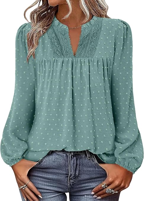 BETTE BOUTIK Women Boho Long Sleeve Shirts Dressy Casual V Neck Fall Fashion Tops Swiss Dot Flowy Blouses
