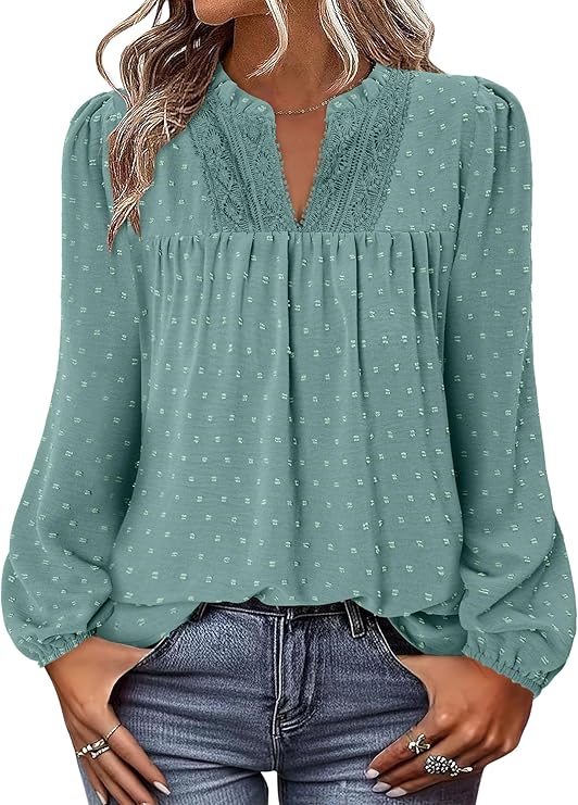 BETTE BOUTIK Women Boho Long Sleeve Shirts Dressy Casual V Neck Fall Fashion Tops Swiss Dot Flowy Blouses