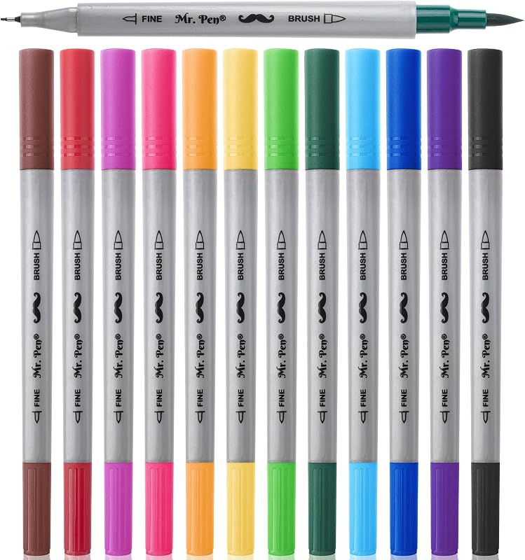 Mr. Pen- Dual Tip Brush Pens, 12 Colors, Art Markers for Coloring
