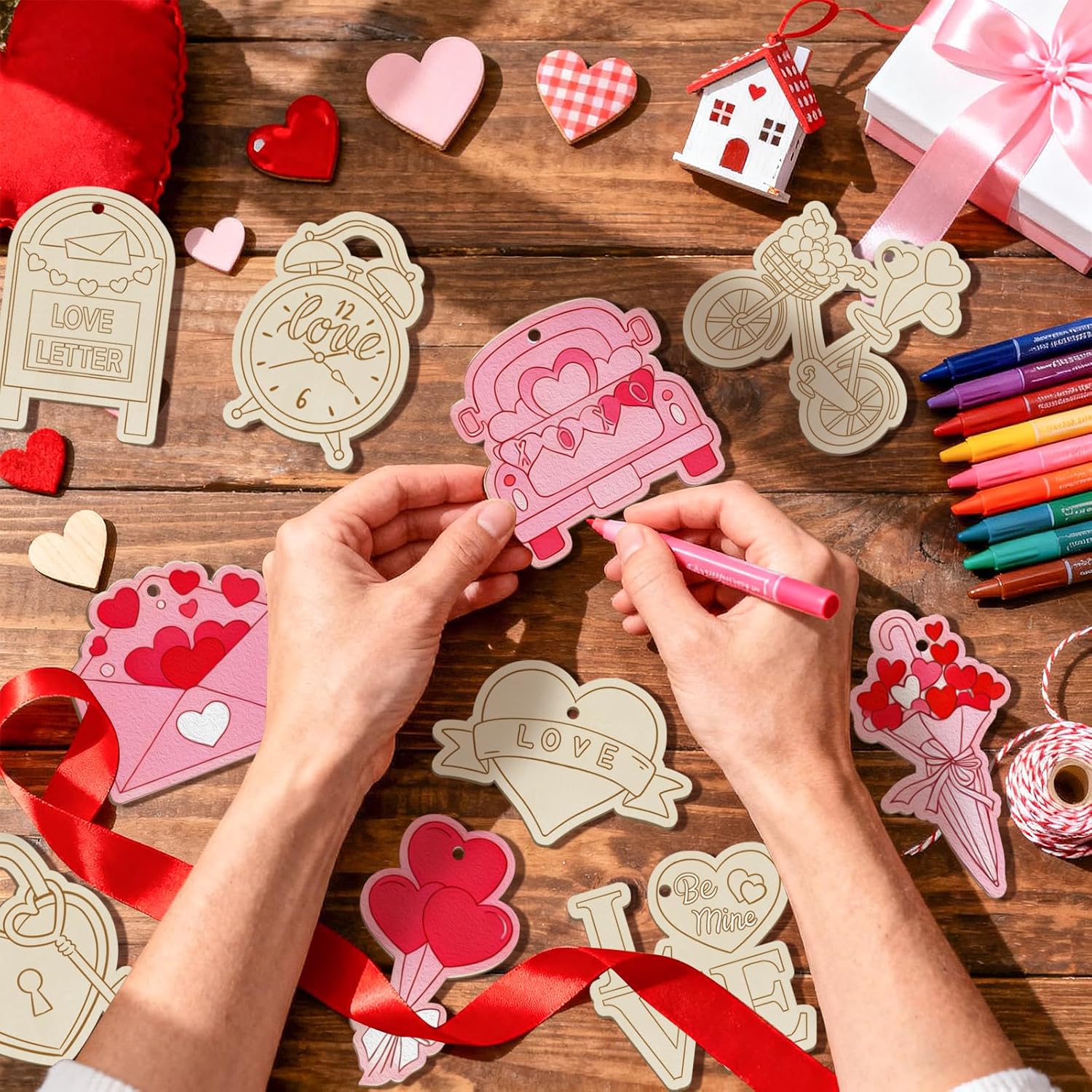 80PCS Wooden Heart Ornaments to Paint Valentine's Day Craft,10 Styles DIY Blank Unfinished Wood Heart Cutouts Ornament for Crafts Spring Tree Hanging Decorations Love