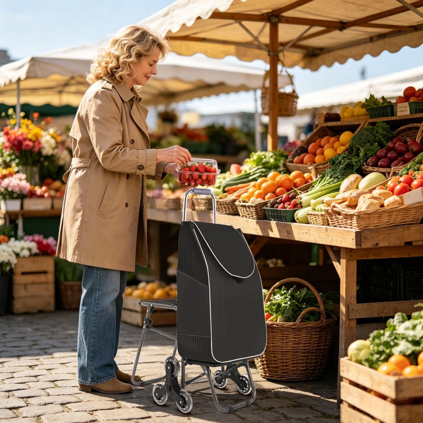 Carrello Saliscale Borsa Carrello Pieghevole A 3 Ruote Saliscale | Carrello Della Spesa A Ruote Per Anziani Salita Scale Supermercato Mercato Lavanderia Casa Uso Domestico Auto Autobus