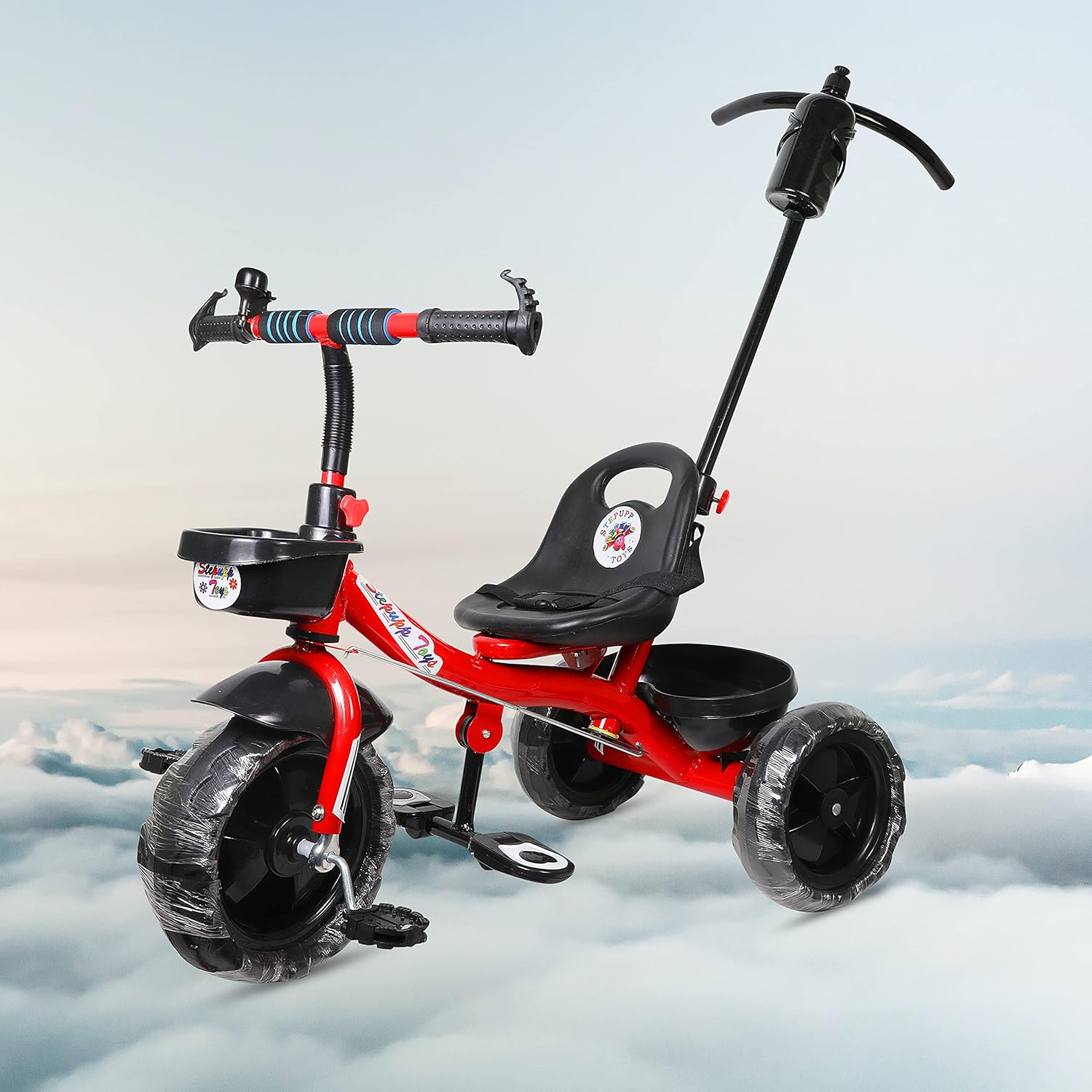 BABY TRICYCLE FOR KIDS WITH BACK BASKET AND CANOPY AND PARENT HANDLE OR