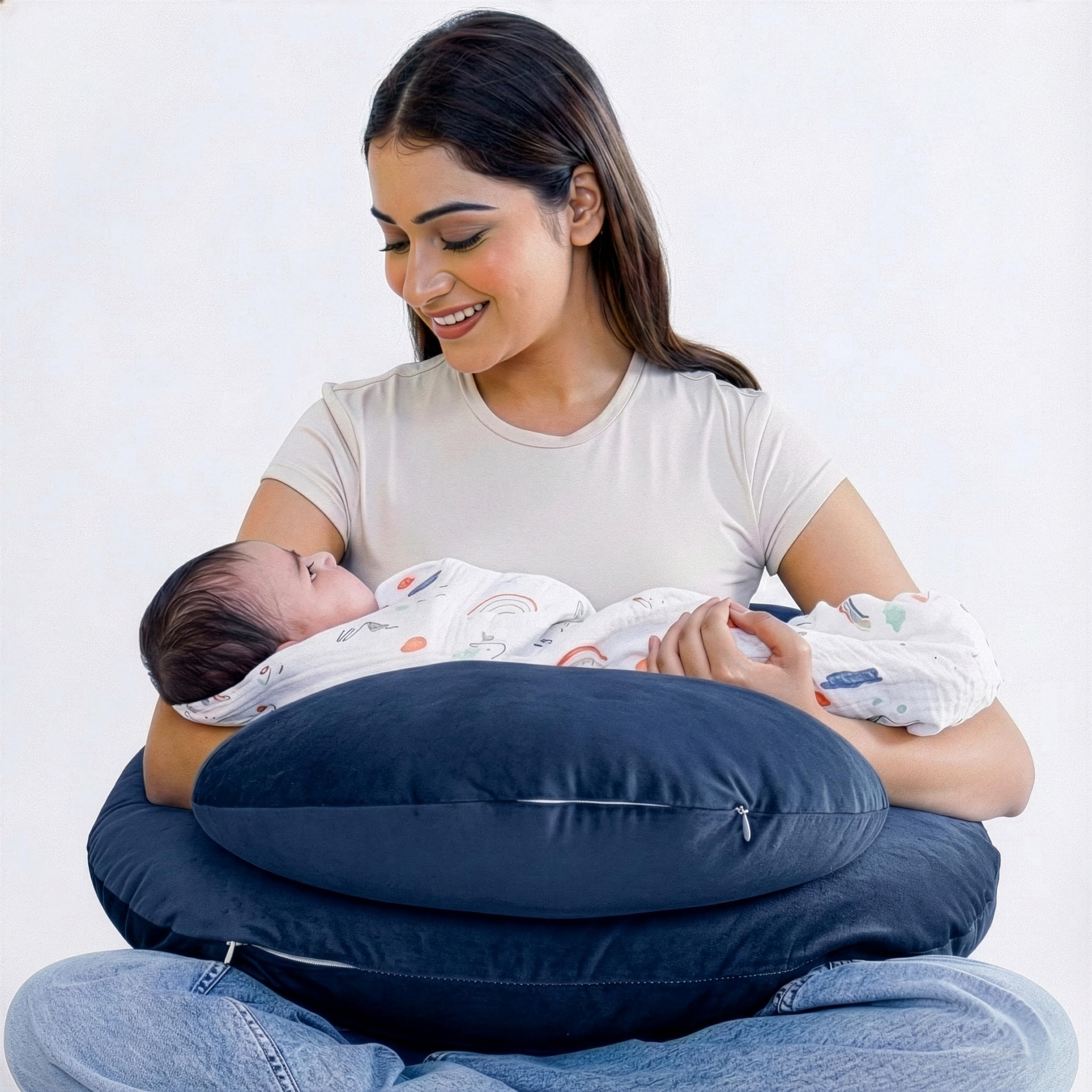 Feeding Pillow for New Born Baby | Adjustable Feeding Pillow for Breastfeeding with Baby Support Fence Design, Soft Velvet Cover, Navy Blue | Nursing Pillow for Comfortable Feeding