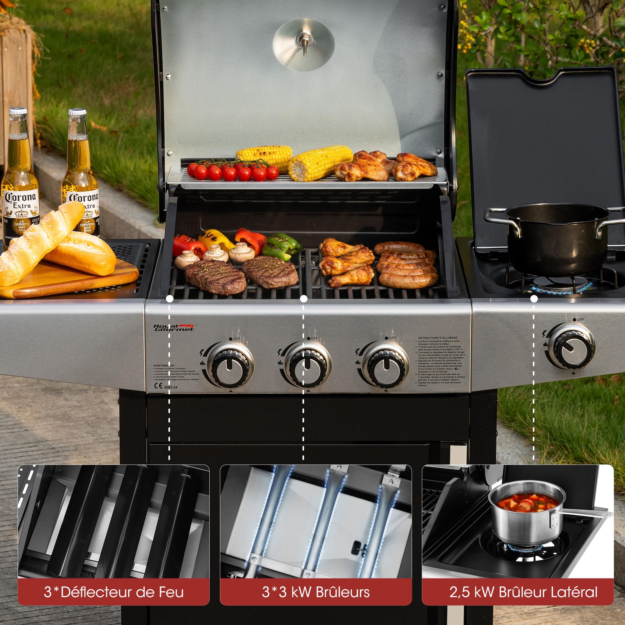 Royal Gourmet Barbecue Gaz à 3 Brûleurs avec Brûleur Latéral, Gril à Gaz sur Chariot de Puissance 11,5 KW avec 2 Grille en Fonte et 2 Tables d’Appoint, Adapté pour Jardin et Extérieure, Argent