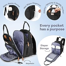 RUVALINO Diaper Bag Backpack-Expandable Baby Bag with up to 50% Capacity -Baby Essentials Bag with Changing Pad Insulated Bottle Holders & Pacifier Case, Waterproof, Black XL