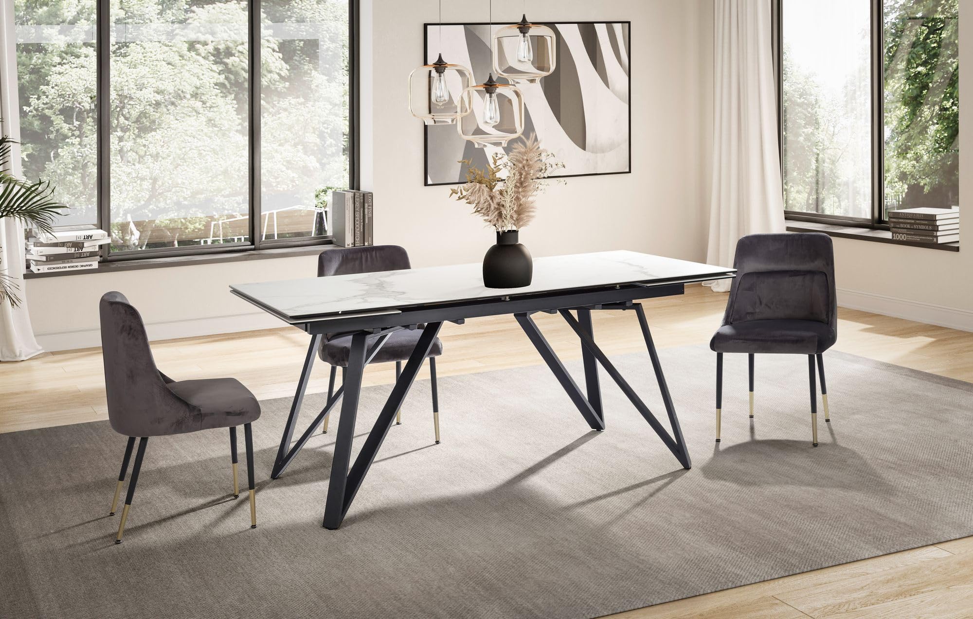 FineBuy Esstisch Ausziehbar 180-260 cm Glas-Keramik Weiß, Geometrisch | Esszimmertisch mit kratzfester und hitzebeständiger Platte, ausziehbare Tafel für bis zu 10 Personen, pflegeleicht
