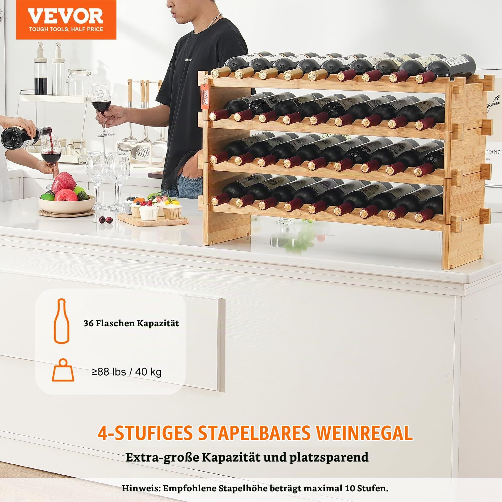 VEVOR Weinregal stapelbar 36 Flaschen, stabiles Flaschenregal, 4-stufiges Lagerregal aus massivem Bambusholz, freistehendes Weinregal, wackelfreie Regale für Küche, Bar und Keller (natürliche Farbe)