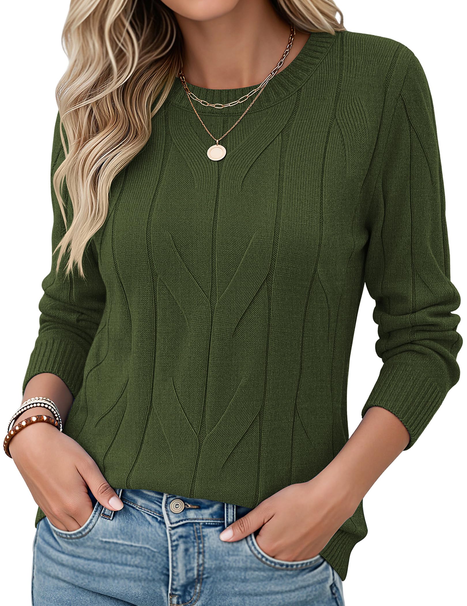 Zeagoo Womens Sweaters Long Sleeve Crewneck Cable Knit Pullover Fall Tops