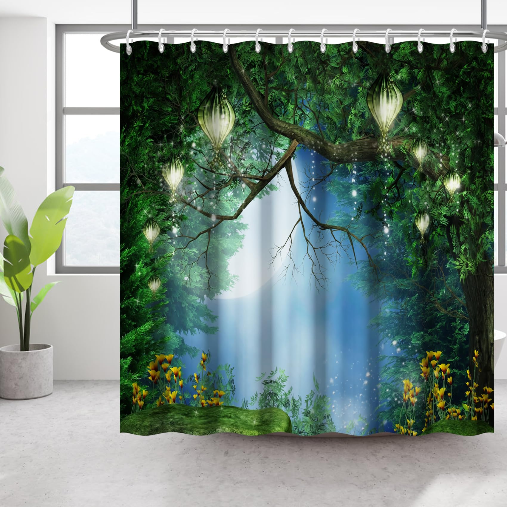 Bovlleetd Fantasy Forest Shower Curtain - Moonlight Starry Sky for Bathroom - Quiet Nature Atmosphere Lanterns on Magic Tree - 69Wx70L
