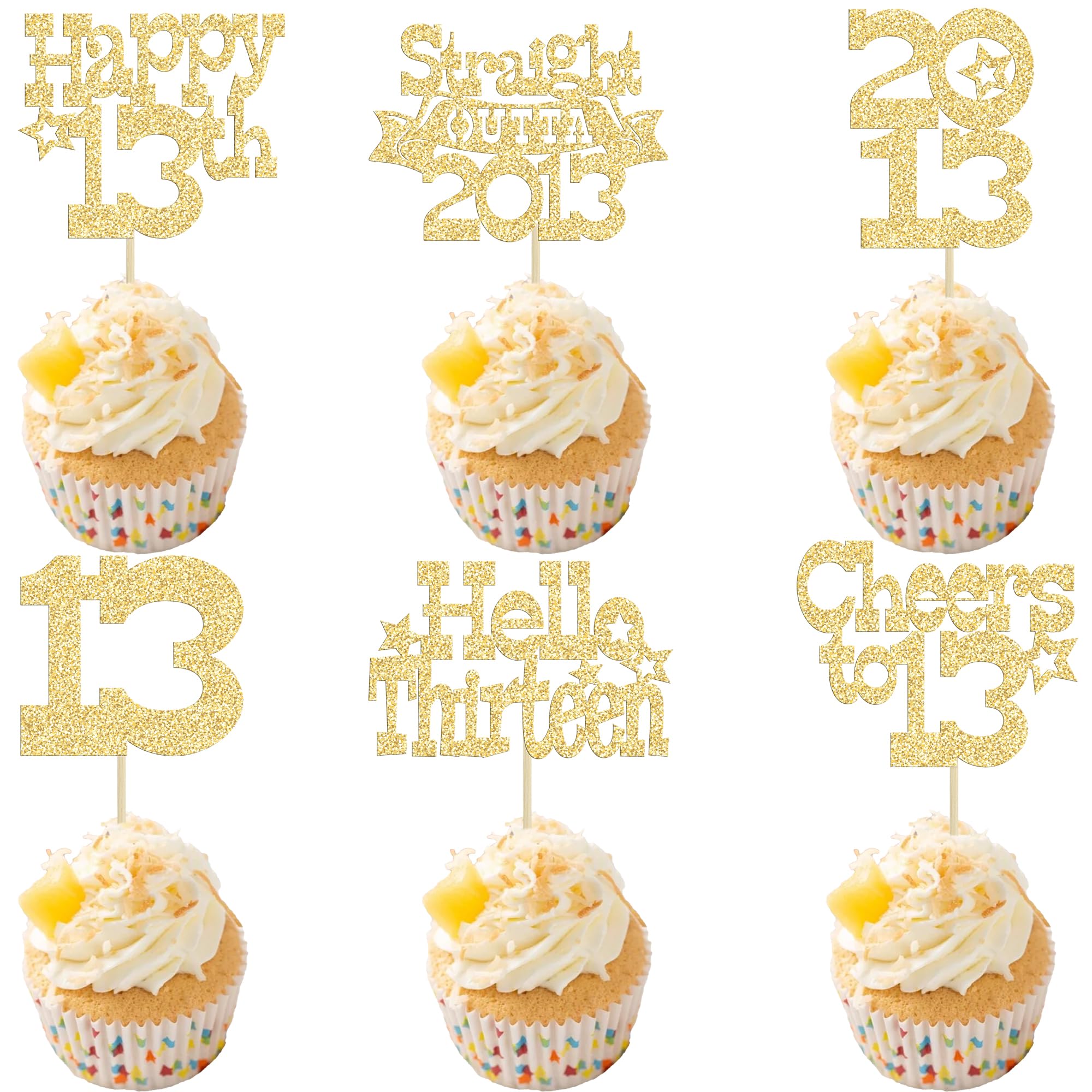 Ephlyn 30Pcs Happy 13th Birthday Cupcake Toppers Glitter Thirteen Straight Outta 2013 Cupcake Picks Cheers to 13 Years Cake Decorations for 13th Birthday Anniversary Party Supplies Gold