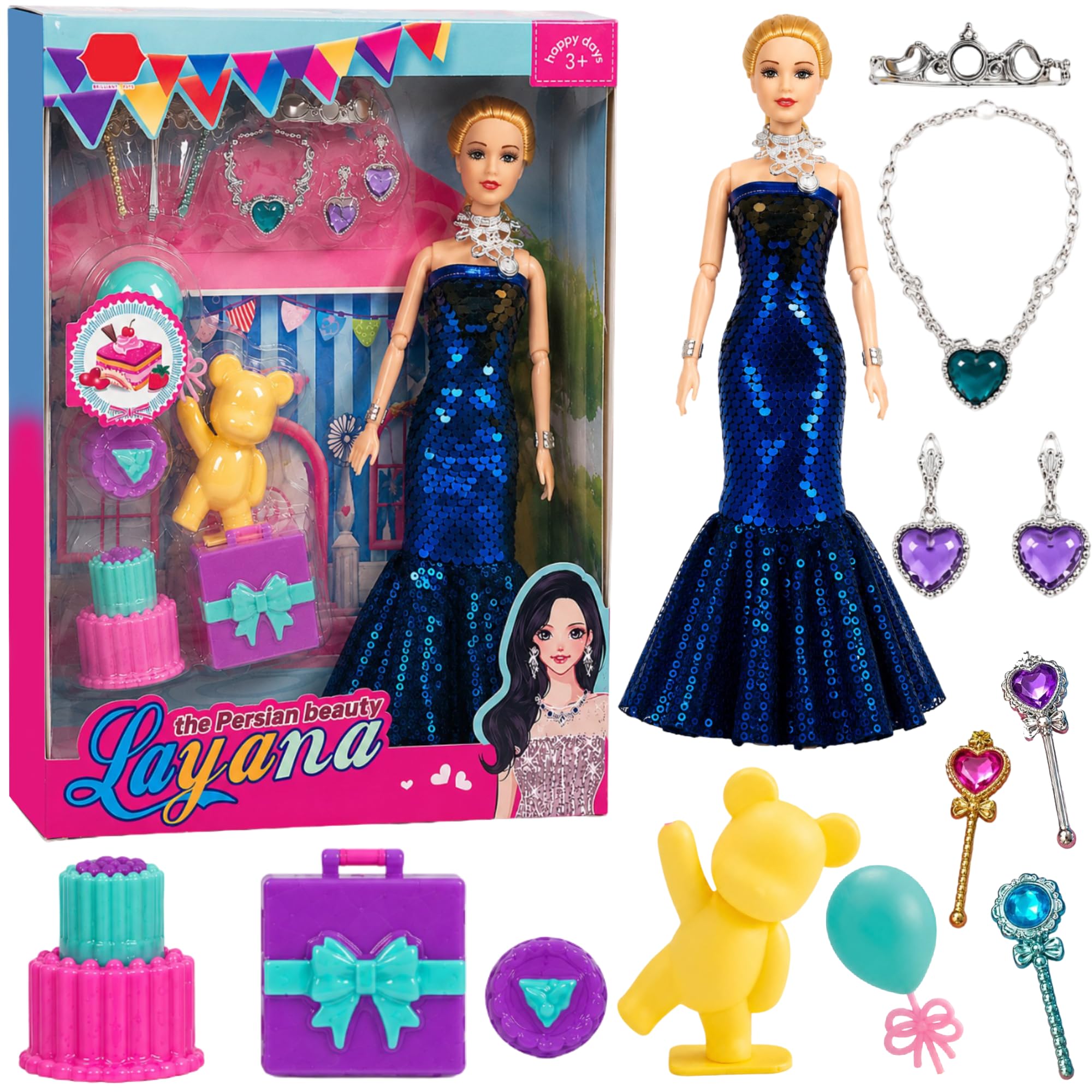 SHAKTISM Layana Fashion Doll Gift Set for Girls, 11.5 Inch Princess Doll with Dress, Jewelry Accessories, Teddy Bear, Cake & Gift Box Toy Set for Kids Age 3+(Blue)-image-48