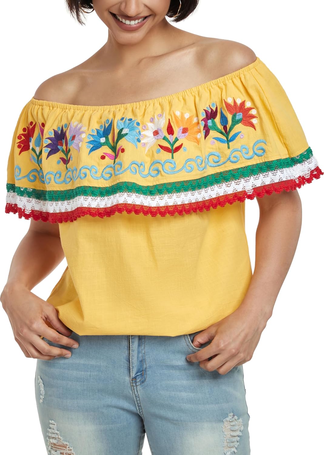 YZXDORWJ Women Mexican Embroidered Off-Shoulder Shirt Lace Falbala Top