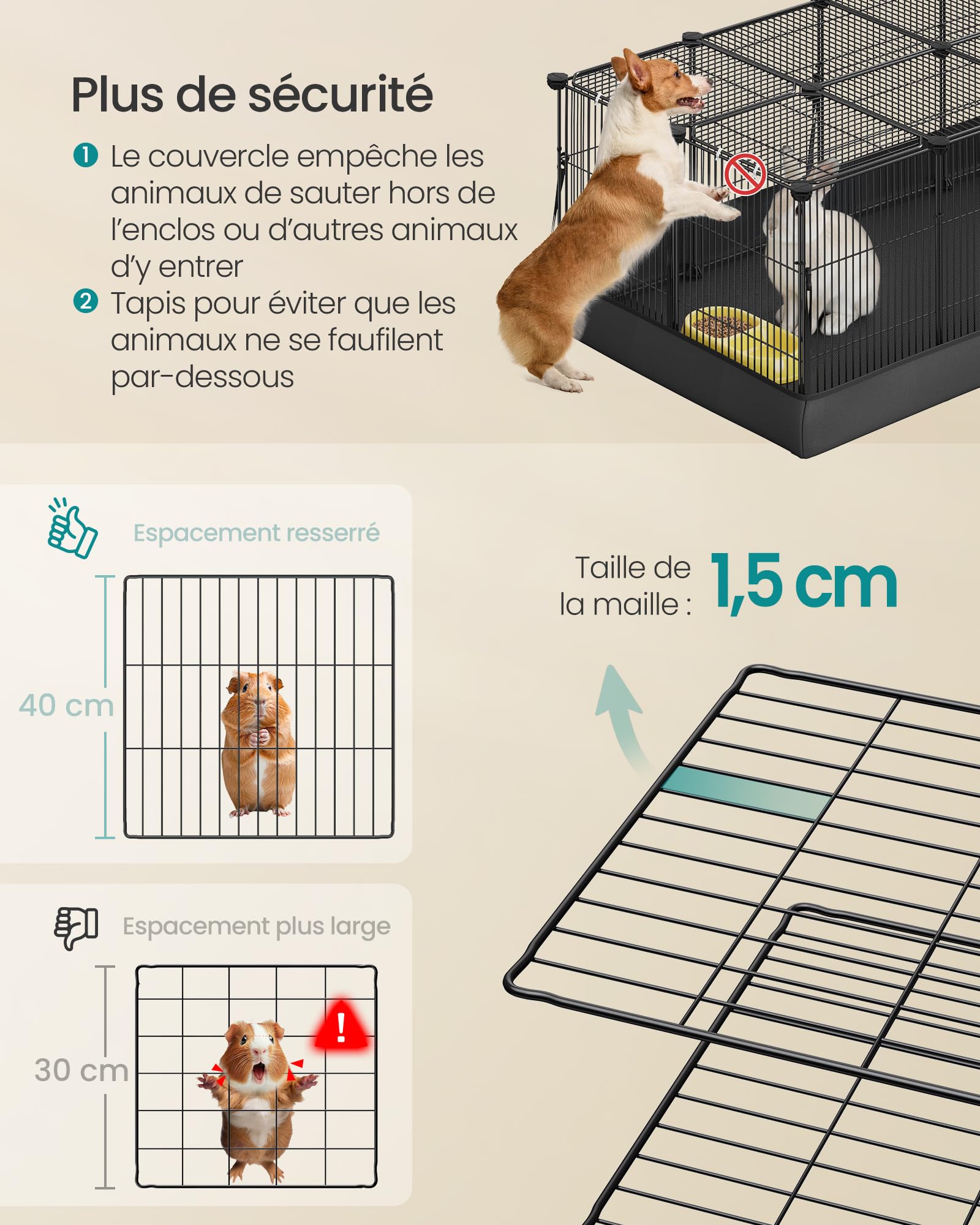 SONGMICS Enclos pour Petits Animaux, Parc Enclos, Tapis Imperméable, Double Porte, pour Lapins, Cochons d’Inde, 20 Panneaux, 123 x 63 x 41,5 cm, Noir d'encre LPI012BH01