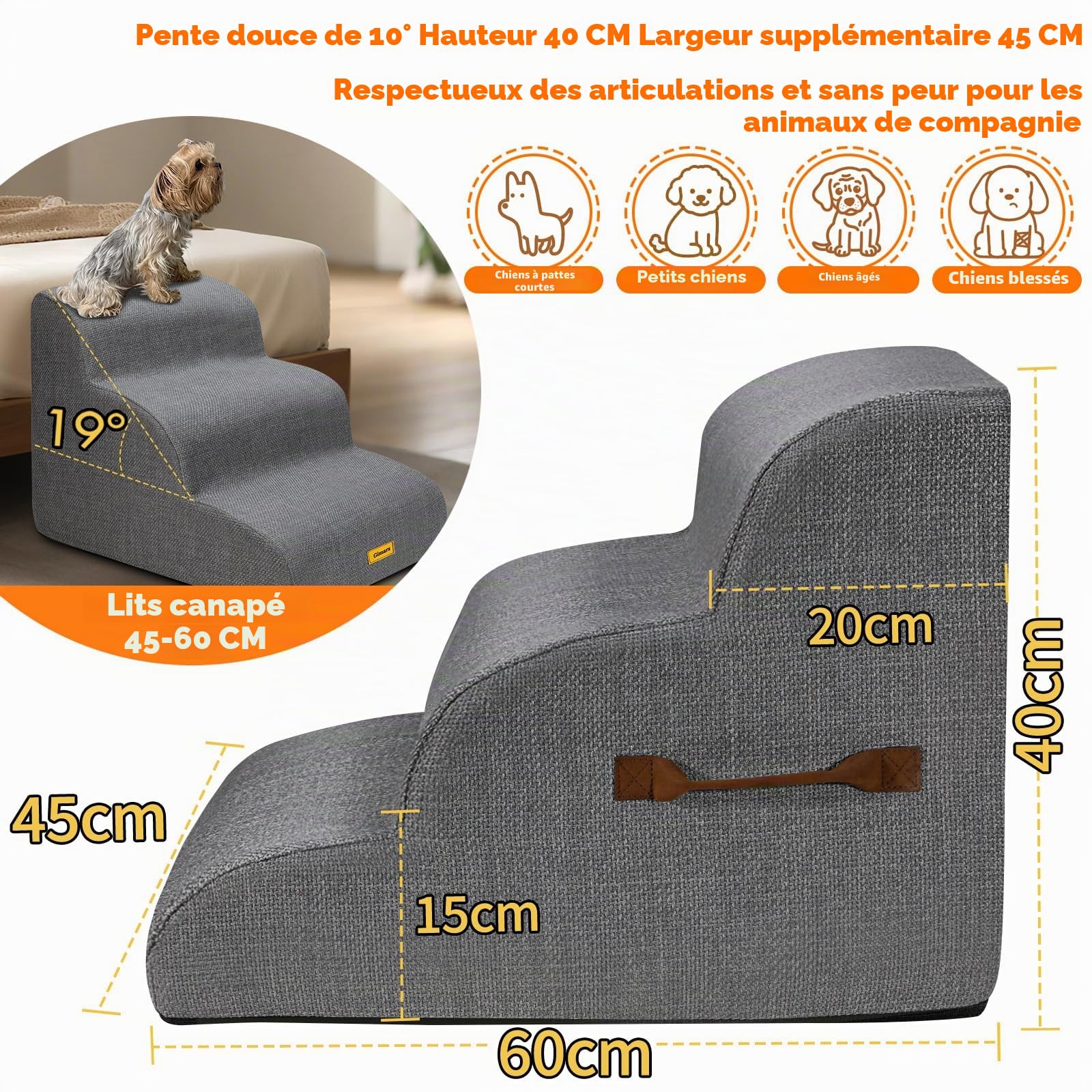 Gimars Escalier Robuste Extra Large pour Chiens en Mousse Haute densité 30D pour Lits surélevés, pour Petits et Moyens Chiens, escalier Anti-dérapant pour Animaux de Compagnie