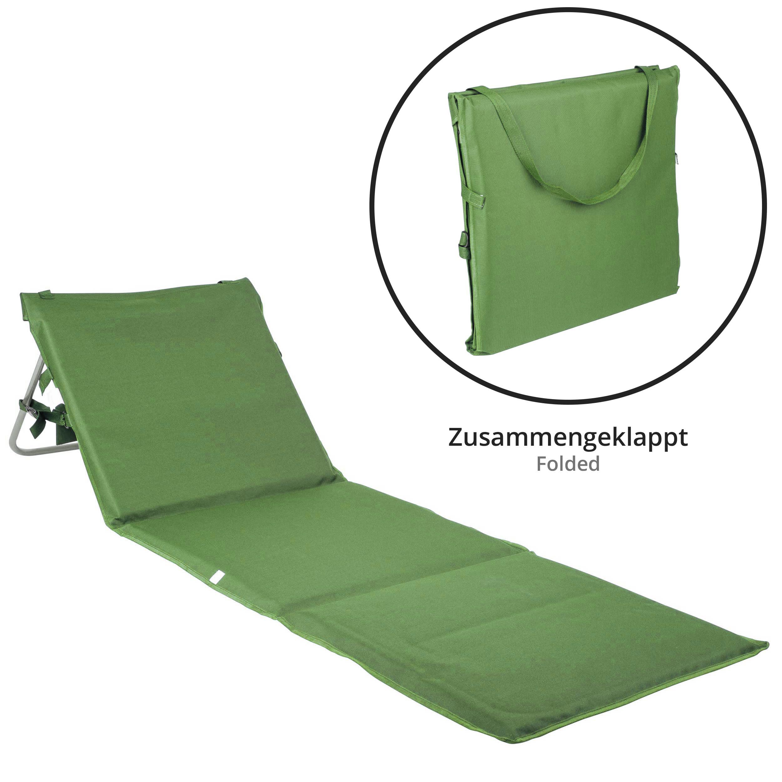 ONVAYA Tapis de plage de qualité supérieure kaki 2 cm rembourré avec dossier | Chaise longue de plage pliable | Matelas de plage bleu foncé | Tapis de soleil avec sangle de transport | 161 x 55 x 45