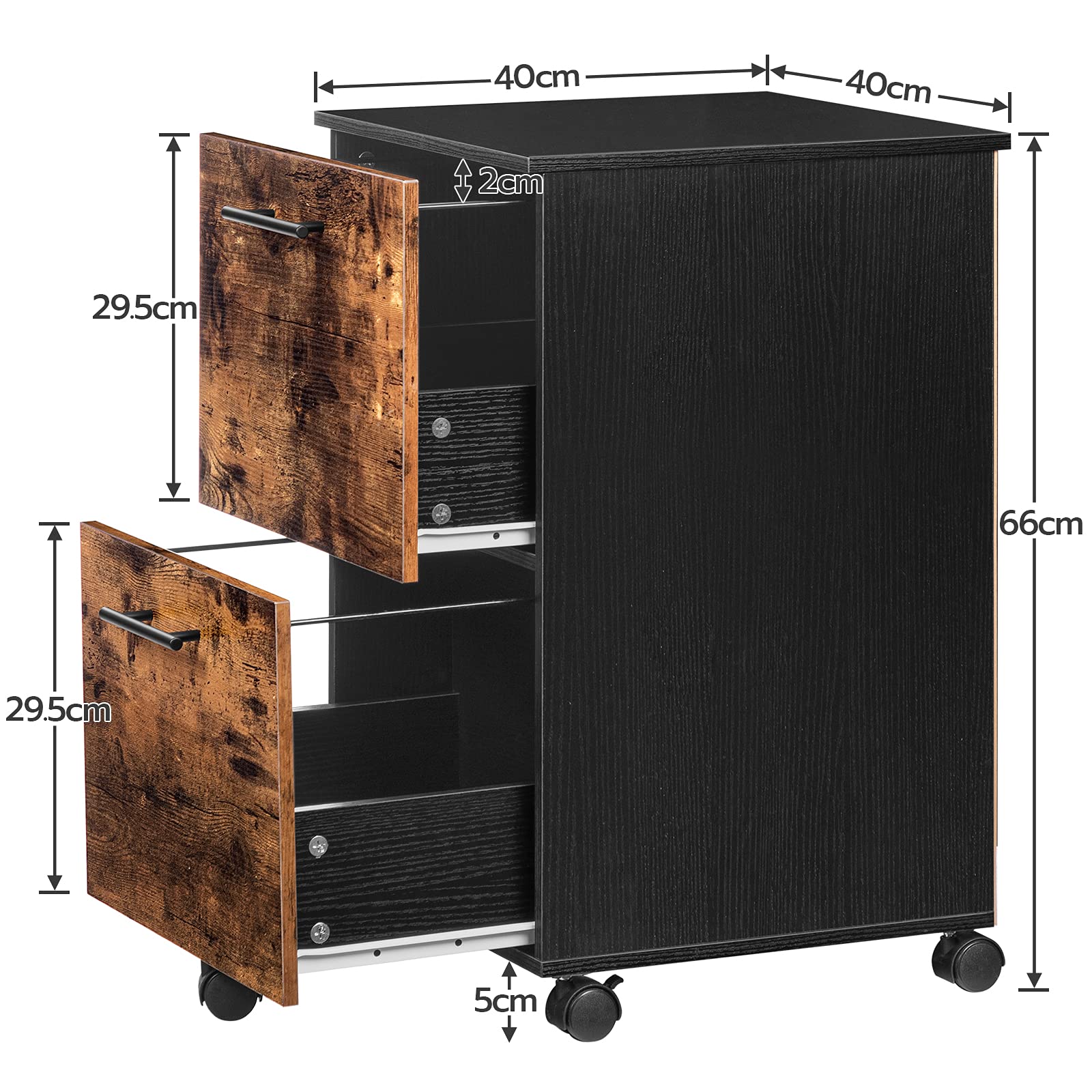 HOOBRO Caisson de Bureau 2 tiroirs, Meuble de Rangement Mobile, Placard de Rangement pour Dossier, avec 5 roulettes, Stable, pour Documents et Dossier Suspendu, Industriel, Marron Rustique EBF03WJ01G1