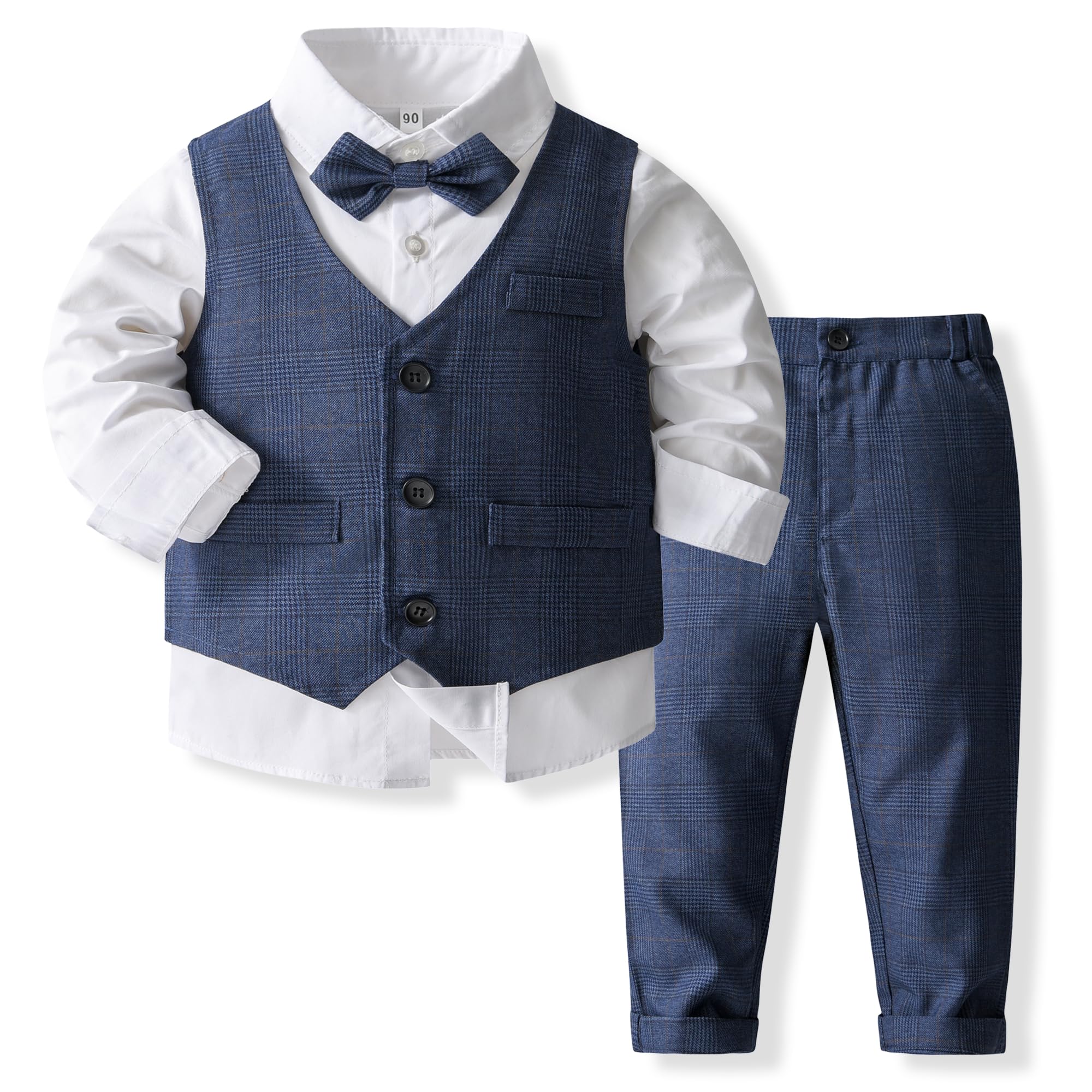 Kimocat Boys 3Pcs Clothing Sets Elegant Long Sleeve Shirts + Vest with Flower+Pants Party Suit