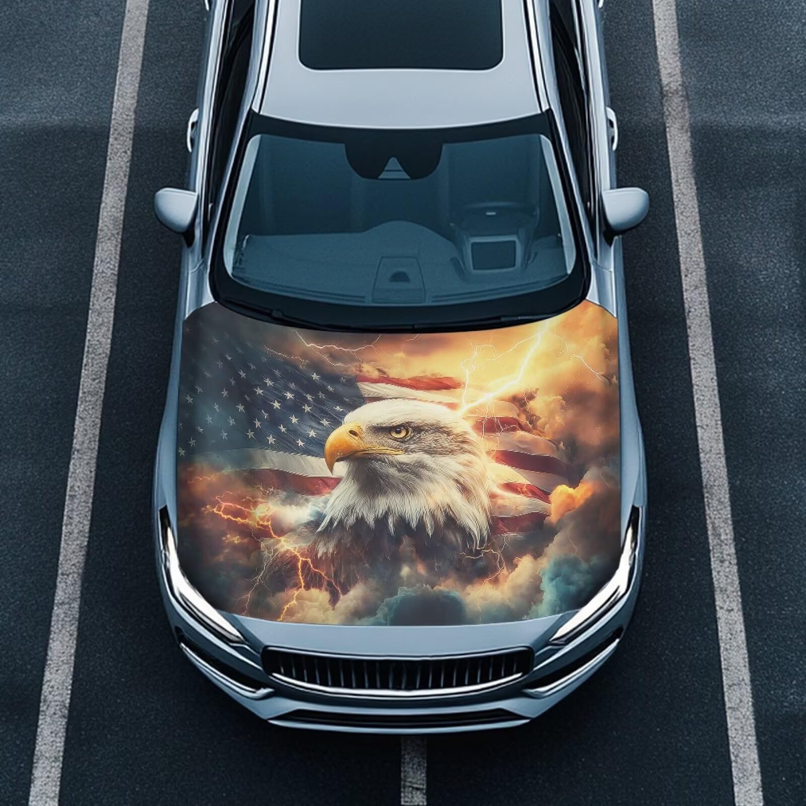 US Flag Eagle Hood Cover for Compact Cars SUV Trucks Minivan, 59×39 Inch Stretchable Car Hood Wrap Blankets, Waterproof Automotive Decorative Accessories