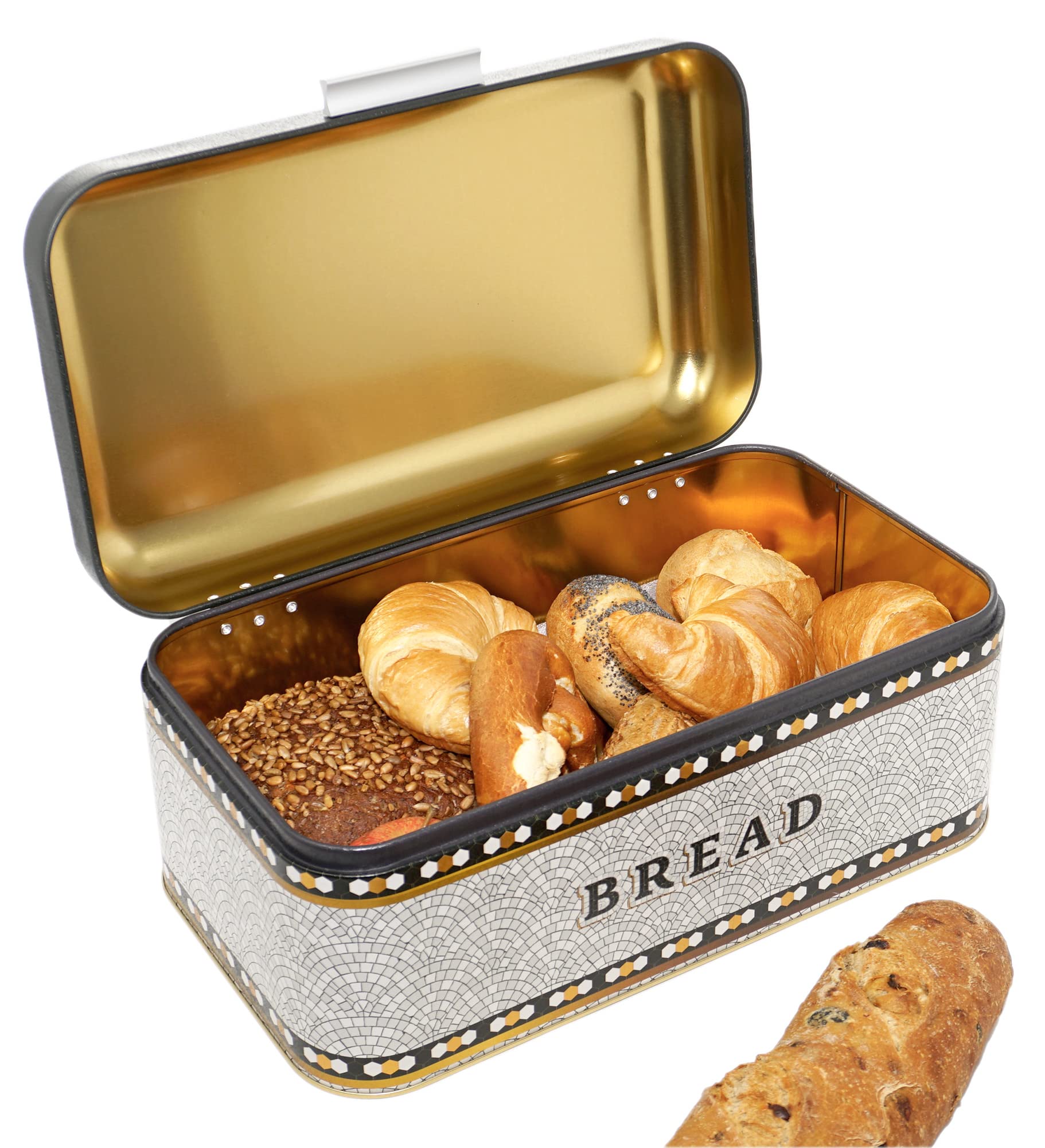 Lashuma Panera de metal gris mosaico, caja de pan grande, recipiente con solapa, 36 x 21 cm