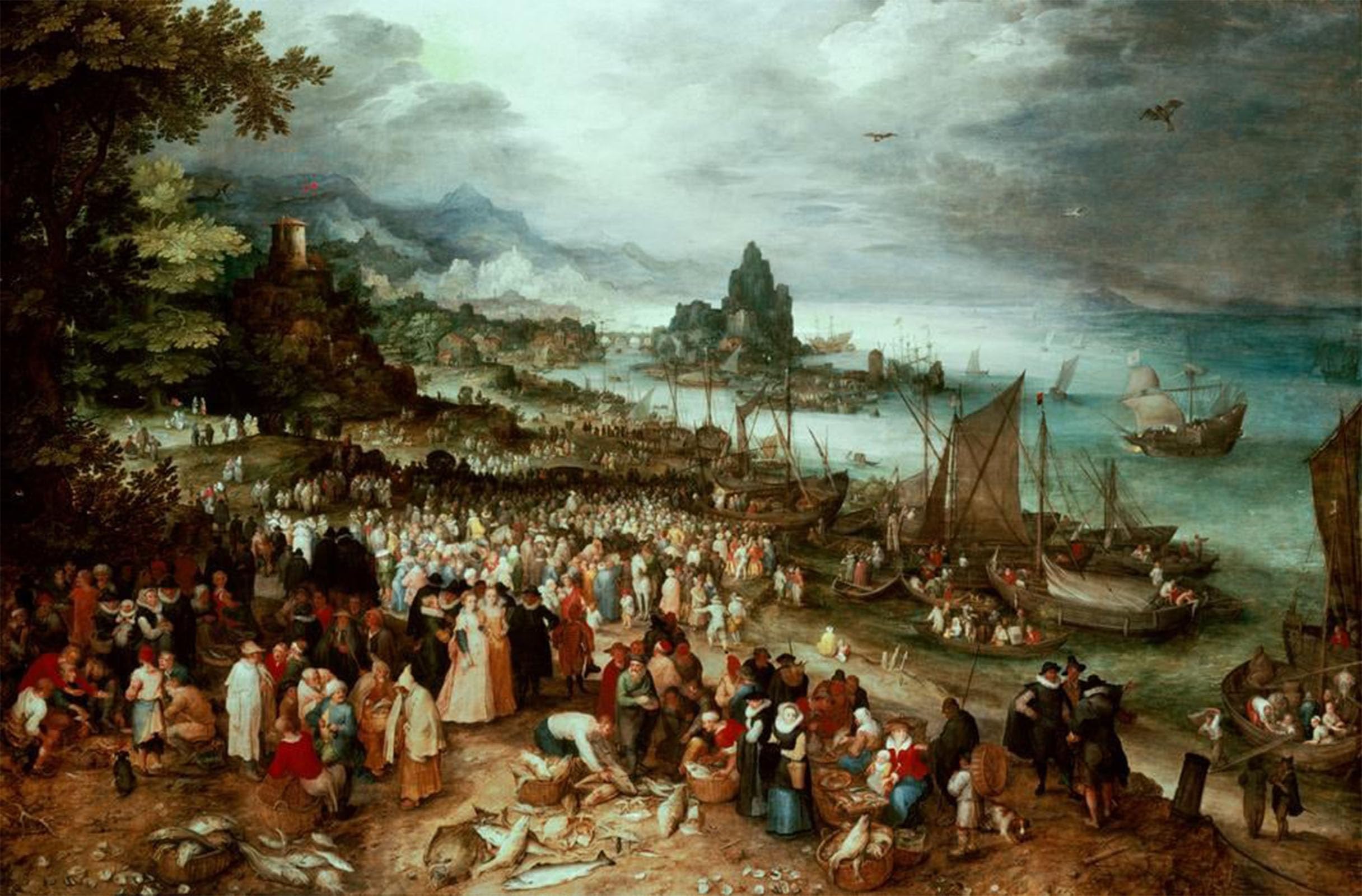POSTERIIk Famous Modern Artwork Art Mural Seehafen Mit Der Predigt Christi by Jan the Elder Brueghel Oil Paintings Pictures for Home Decor 60x90cm