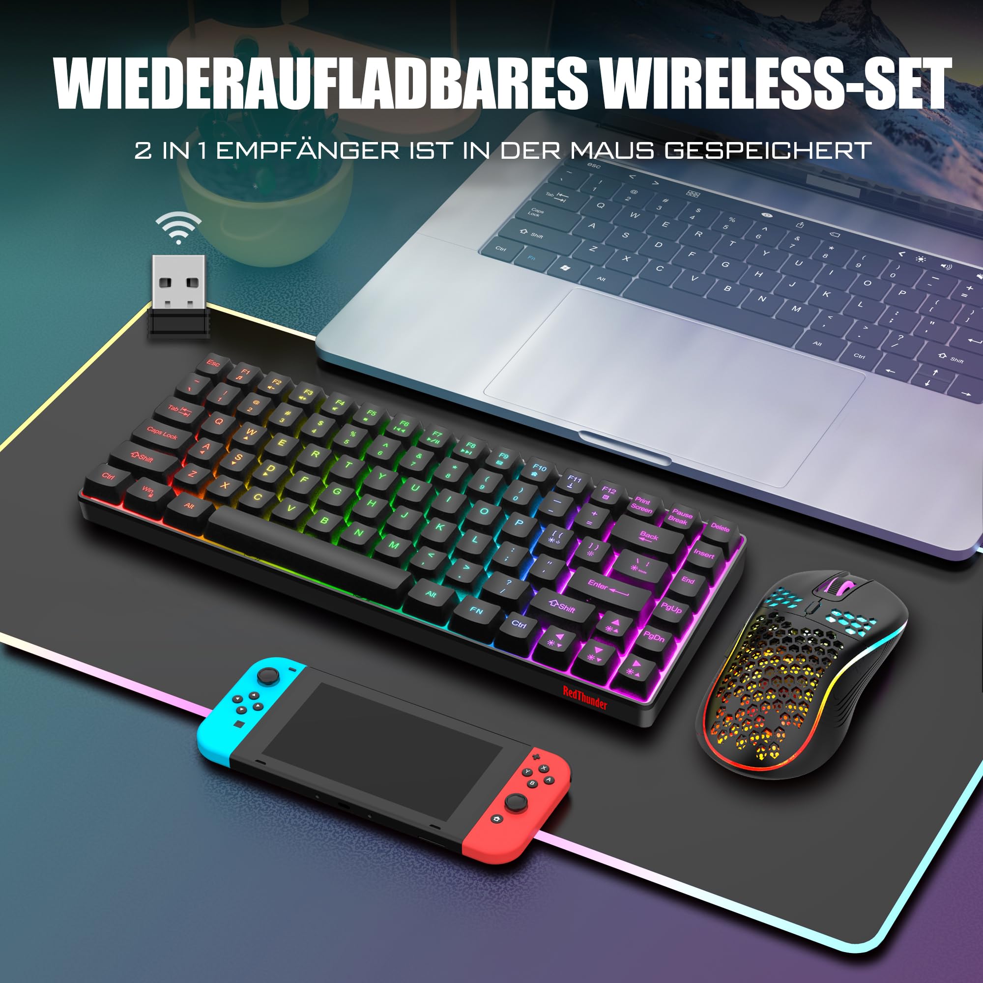 RedThunder 75% Kabelloses Gaming Tastatur und Maus Set, QWERTZ DE Layout, 85 Tasten TKL Wiederaufladbare Kompakte Tastatur, Ultraleichte 7200DPI-Maus mit Wabenkonstruktion für PC MAC PS5 Xbox Gamer