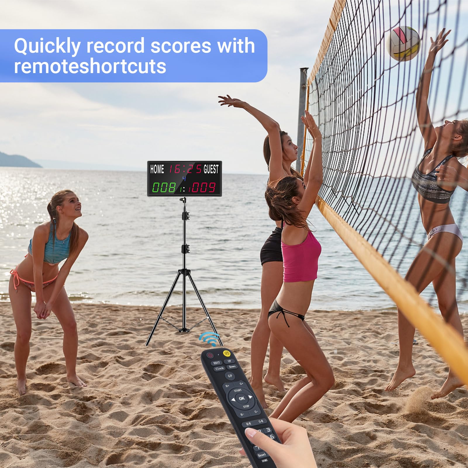 Marcador electrónico LED 2025 con control remoto, marcador de baloncesto con reloj de tiro y temporizador y tiempo real de 12/24 horas para fútbol, agujero de maíz, ping pong, tenis de mesa 6