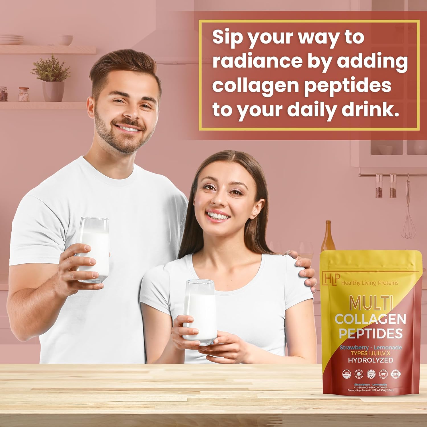 Healthy Living Proteins - Hydrolyzed Multi Collagen Peptides Powder Types I, II, III, V & X - Grass Fed Bovine, Wild Caught Marine, Free Range Chicken - Gluten Free (Strawberry-Lemonade, 16 oz)