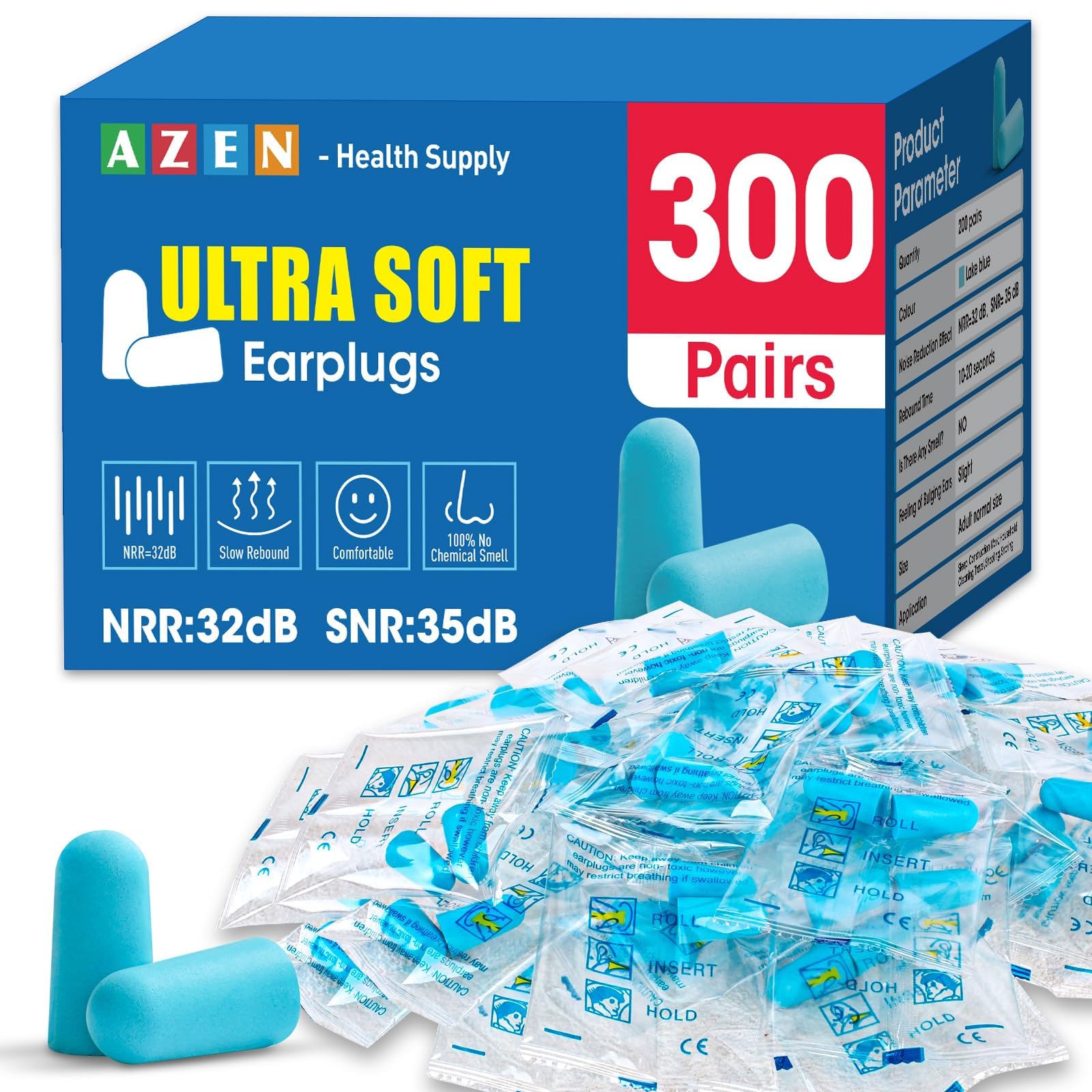 AZEN 300 pares de tapones para los oídos, tapones de espuma suave NRR de 32 dB para dormir, cancelación de ruido, reducción de ruido (azul lago)