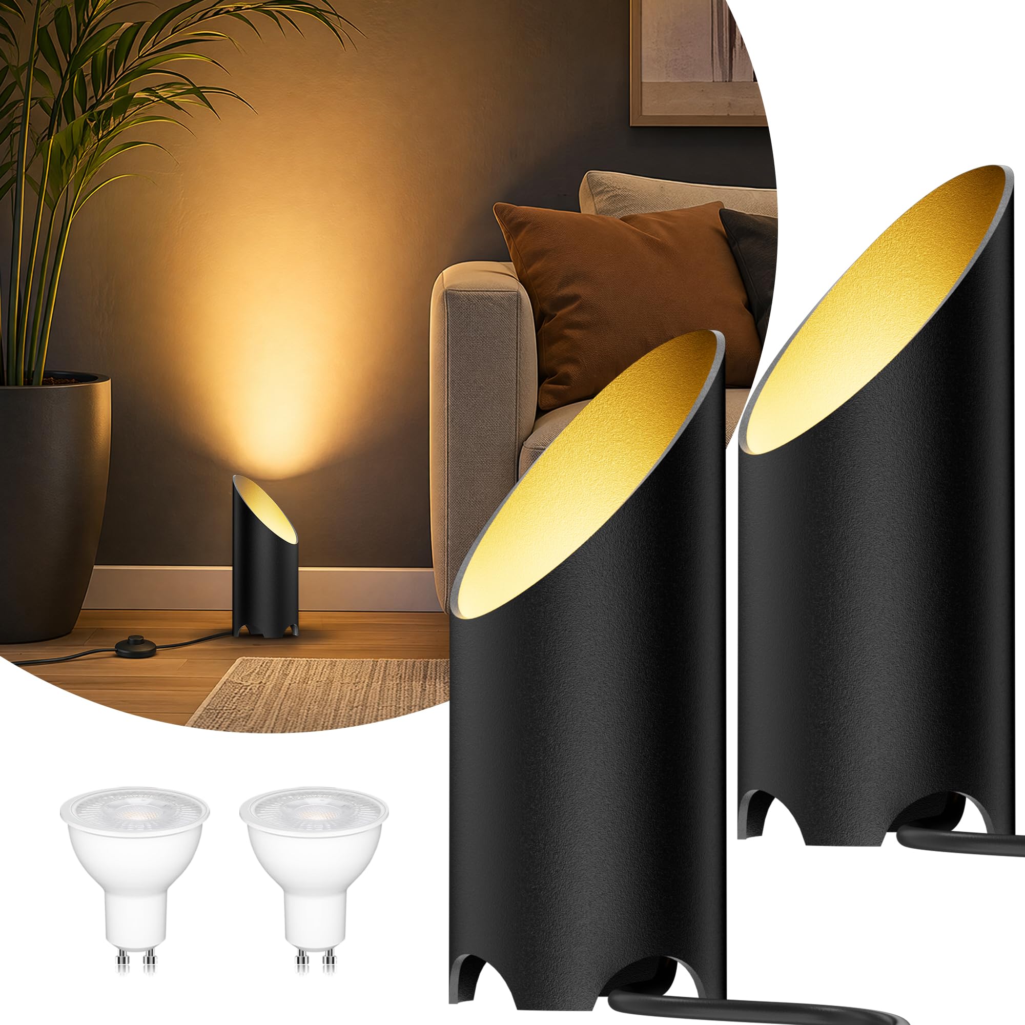 LED Bodenstrahler Innen Wohnzimmer: 3000K 7W GU10, Schwarz, 2 Stück | 3000K warmweißer LED Uplight Spot mit Fußschalter und 1,8 m Kabel für indirekte Beleuchtung, Pflanzen, Bilder und Sofaecken
