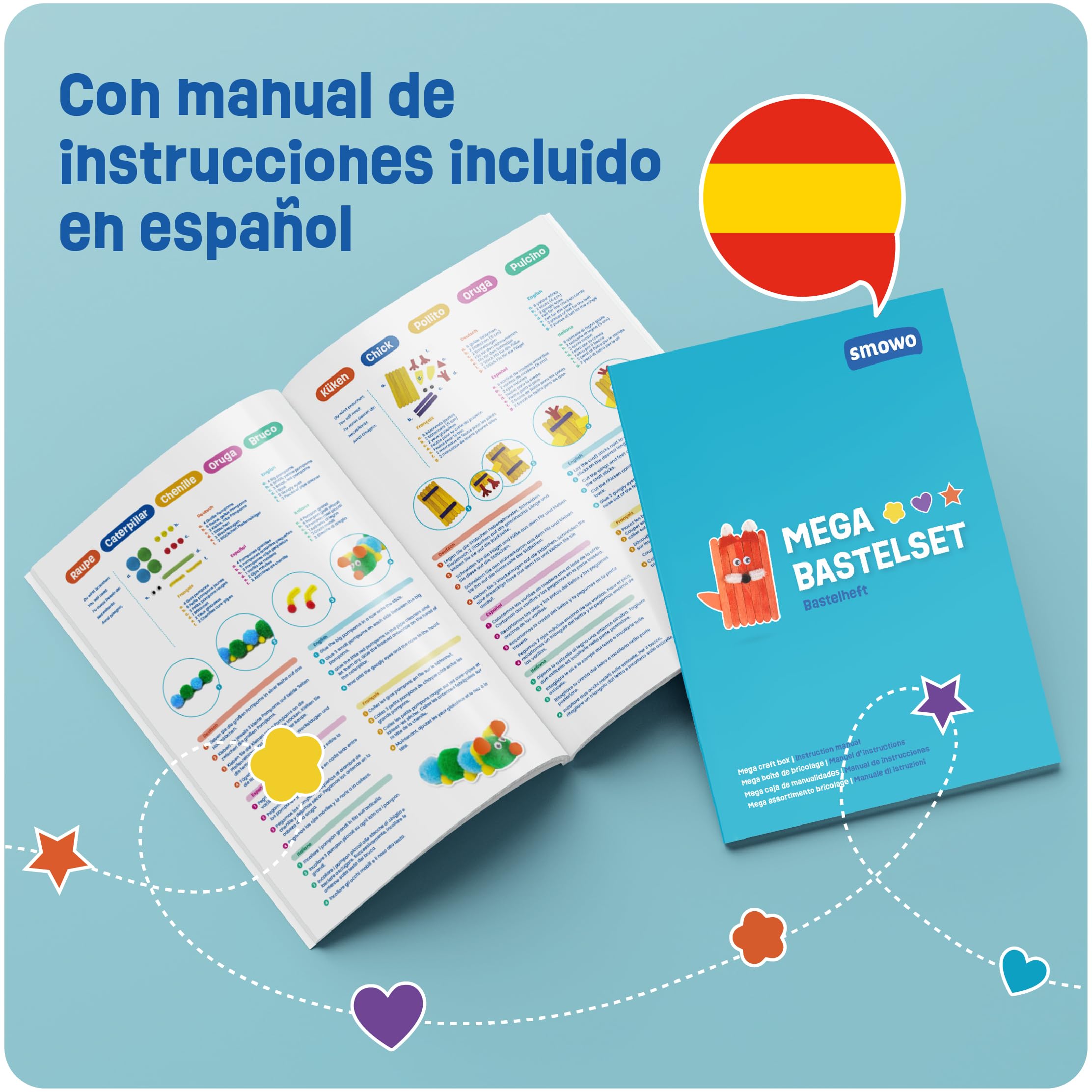 Smowo® Kit Creativo de Manualidades DIY para Niños y Niñas – Caja de Materiales Coloridos con Ideas y Proyectos de Artesanía Infantil