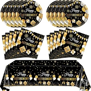 41PCS Retirement Decorations For Men Black and Gold Disposable Tablerware Decoration Favors Including Napkins Plates Tablecloth Set for Women Men Serves 20