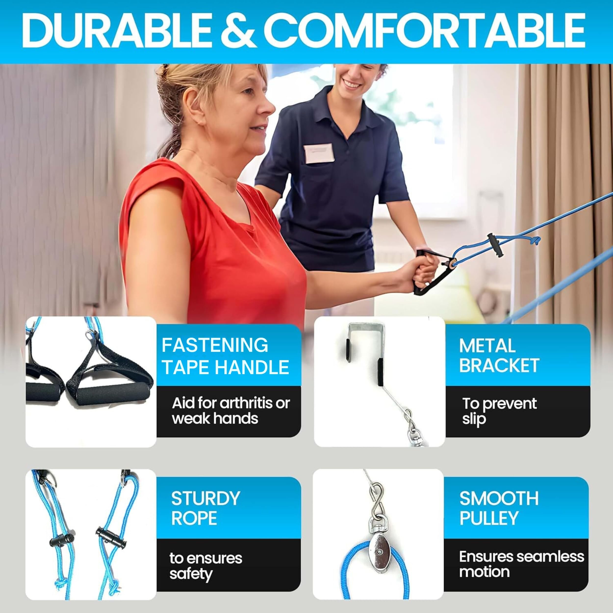 Shoulder Pulley for Physical Therapy - Shoulder Pain Relief | Exercise Equipment for Home Workouts | Pulleys for Shoulder Rehab Over Door|Foam Handles w/Fastening Tape|Rotator Cuff, Stroke & Arthritis — Amazon image 2