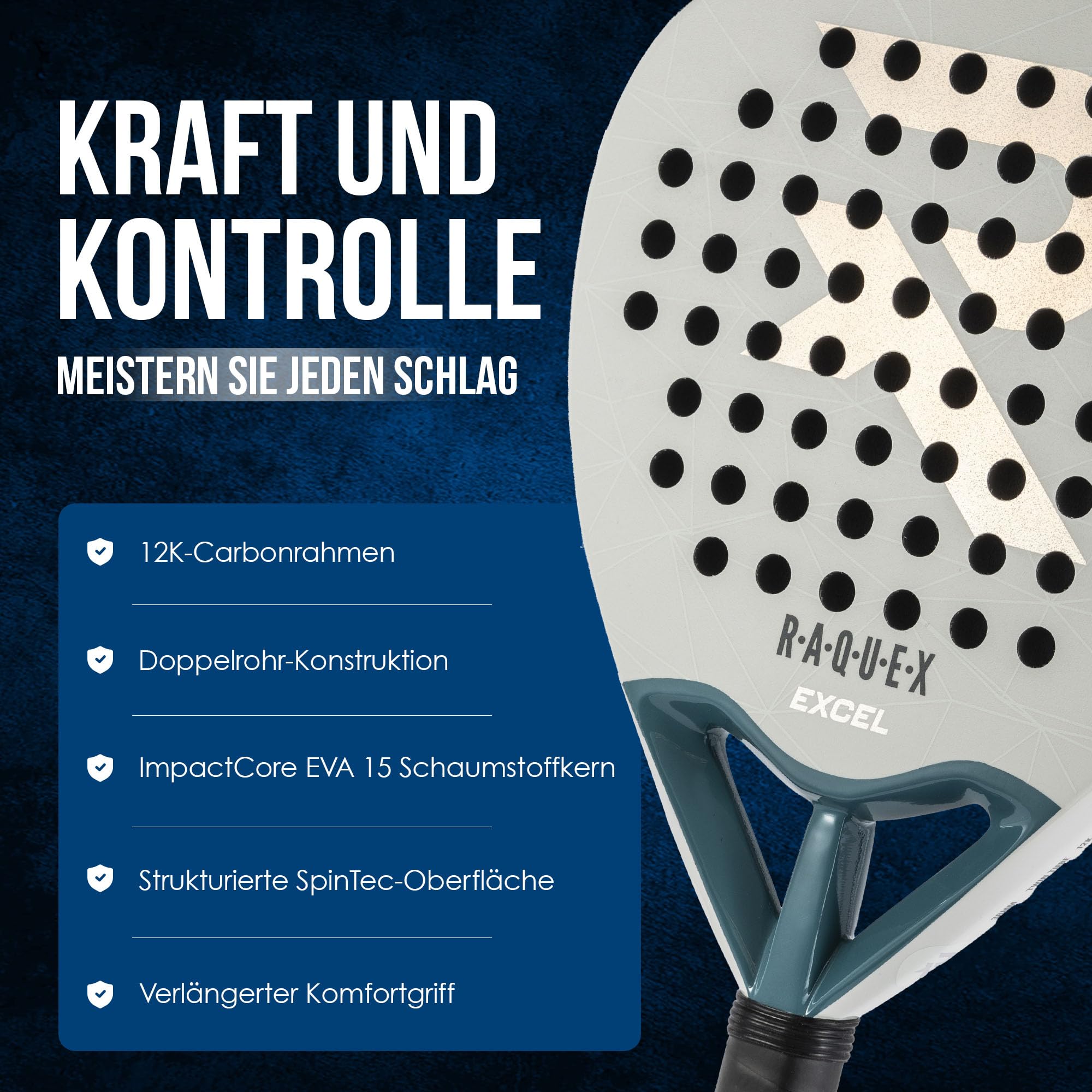 Raquex Excel Padelschläger – für fortgeschrittene Anfänger/Fortgeschrittene – 12K-Carbonrahmen, reaktiver ImpactCore Eva 15-Schaumstoff, Doppelrohr-System für Langlebigkeit – mit Handgelenkschlaufe