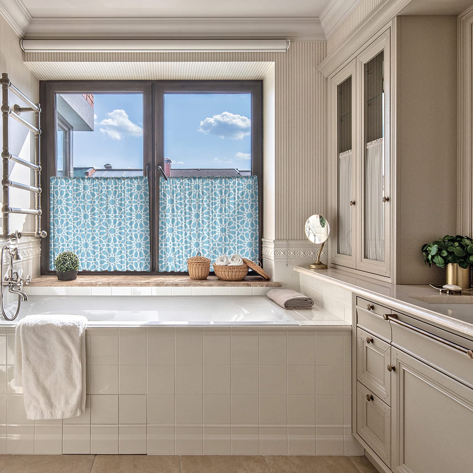 Cortina De Flores Semitransparente Ausing: 137x45 Cm, Poliéster, Lavable, Para Cocina, Dormitorio O Salón Azul