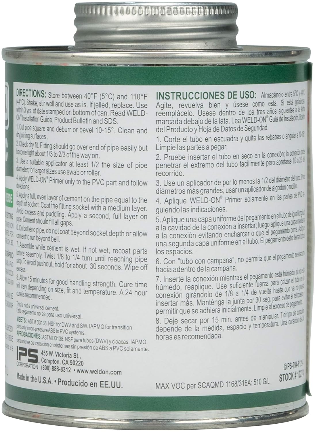 Weld-On 10274 794 ABS-PVC Medium-Bodied High-Strength Transition Solvent Cement - Fast-Setting and Low-VOC, Green, 1 Pint (16 fl oz)