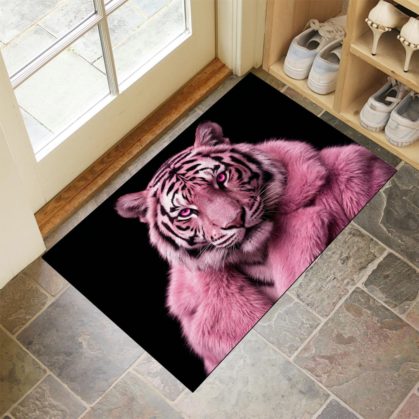 Zerbino Ingresso Interno Ritratto Di Tigre Rosa Alla Moda, Zerbino Di Benvenuto Lavabile Morbida Animali D'Avanguardia, Antiscivolo Tappeto Da Decorazioni Nero Per Casa Porta, 60X90Cm