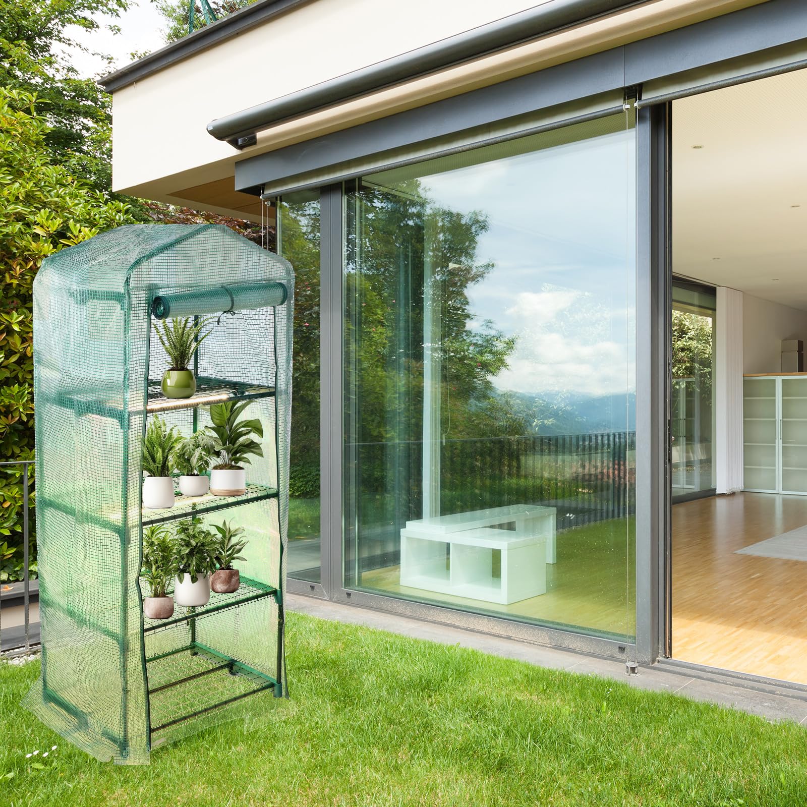 Condition photo showing New/Like New for baquler 4 tier mini greenhouse indoor outdoor with 2 grow lights , 62'' h x 27'' l x 19'' w pe cover portable winter vented greenhouse with roll up zipper door gardening stand for plant seed starting