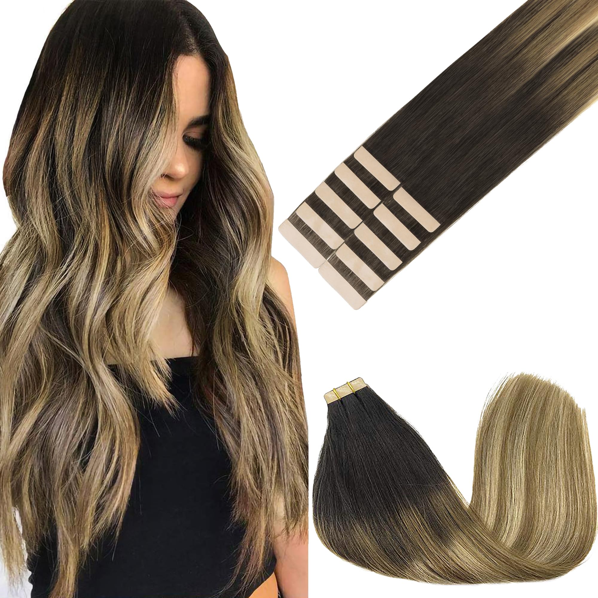 GOO GOO Tape in Hair Extensions Human Hair, 20pcs 50g 16inch, Balayage Chocolate Brown to Strawberry Blonde Real Remy Hair Extensions Seamless Straight Human Hair Extensions — view 17