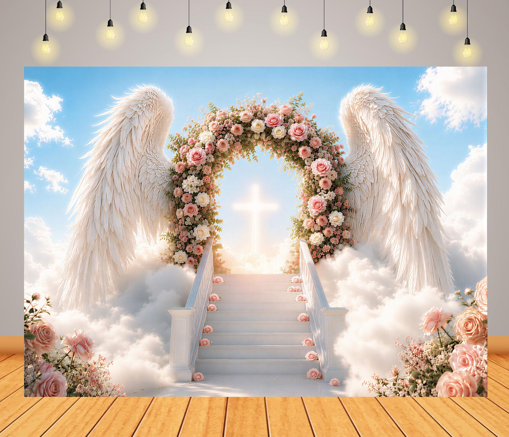 15x10FT (4.6x3m) Portale Celeste Di Rose E Ali Sfondo Fotografico | Arco Pastello Nuvoloso Fondale In Tessuto,Ali Bianche Croce E Scala Fiorita,Feste Di Battesimo,Personalizzabile,Photo Booth