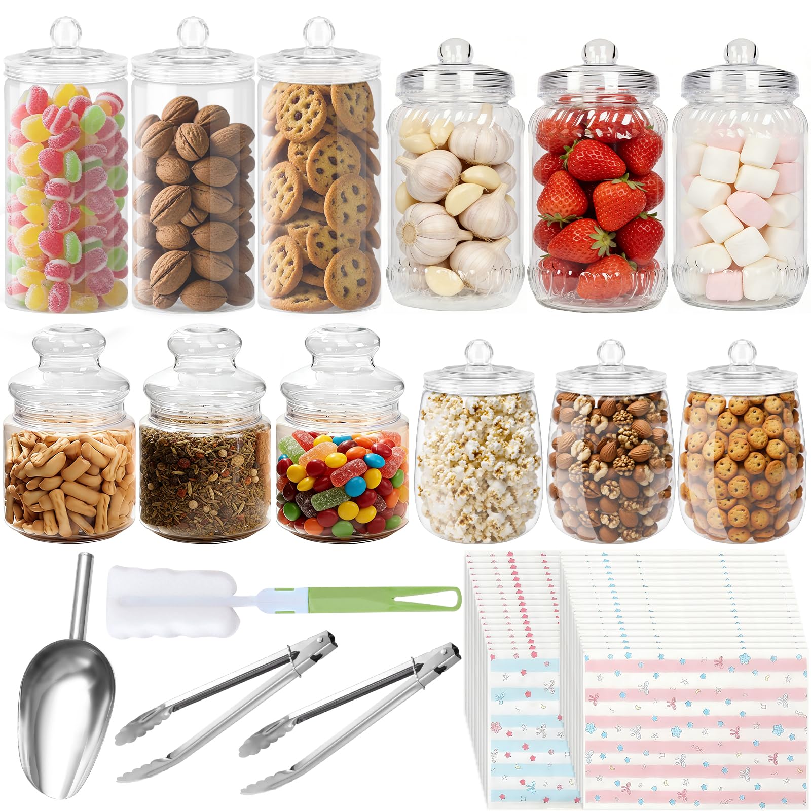 Mssushi 12 Stück Candy Bonbongläser, Bonbonglas mit Deckel, Wiederverwendbar Sweets Desire Süßigkeitengläser aus Kunststoff für Party, Süßigkeitenbuffet, 80 Tüten, 2 Zangen, 1 Schaufel, 1 Bürste