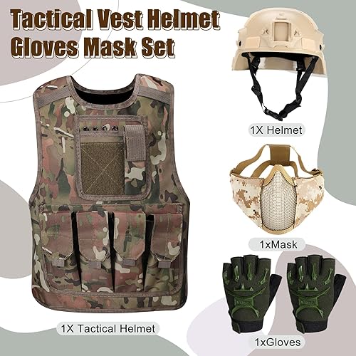 Miniatura 2 de Cuffbow Paquete de 4 unidades de chaleco de Airsoft para niños, guantes de nailon, chaleco de juego para exteriores, casco rápido de Airsoft,