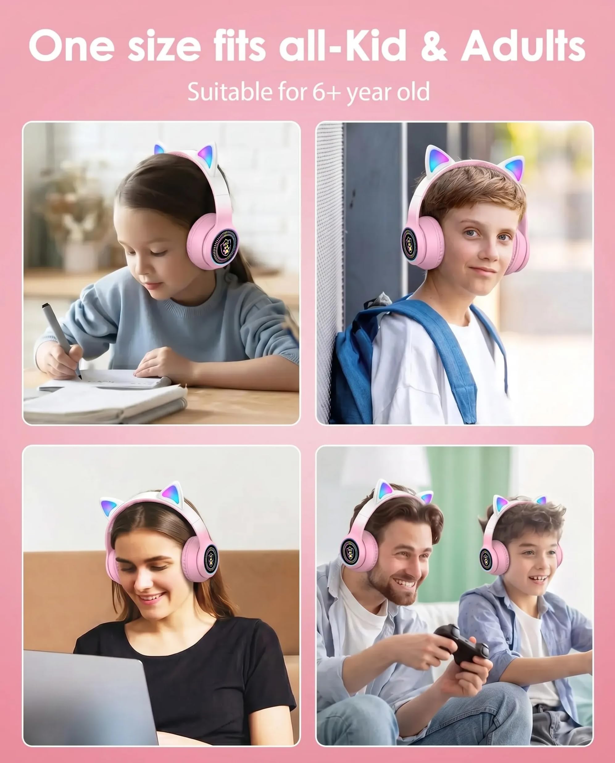 Cat Ear Gaming Bluetooth 5.2 Kabellose Faltbare Kopfhörer mit LED-Licht, Stereo-Spiel Surround Sound Over-Ear Headsets mit Mikrofon AUX für PC, Pad, Handy, Laptop, Spiel, Kinder, Geschenk