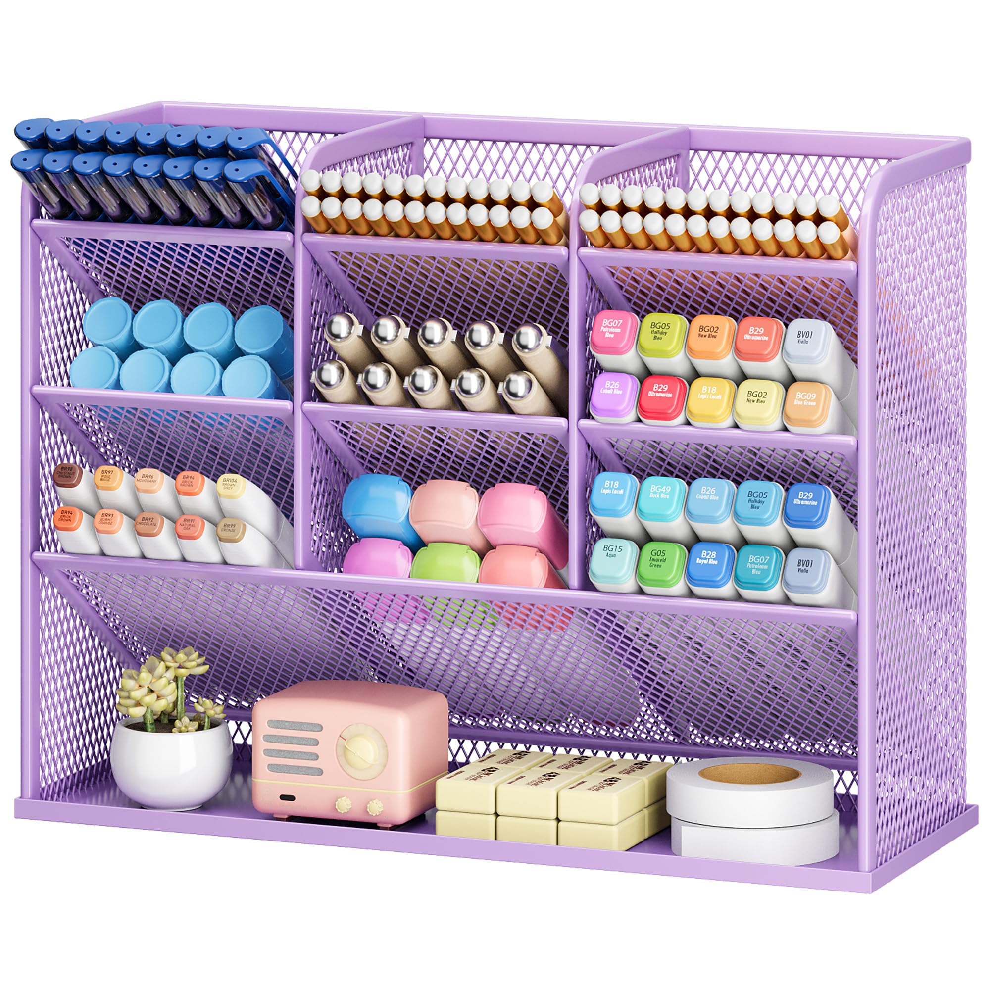 VITVITI Organizer da scrivania, 9 scomparti, portapenne, in metallo, portapenne, per scuola, casa, ufficio (viola)