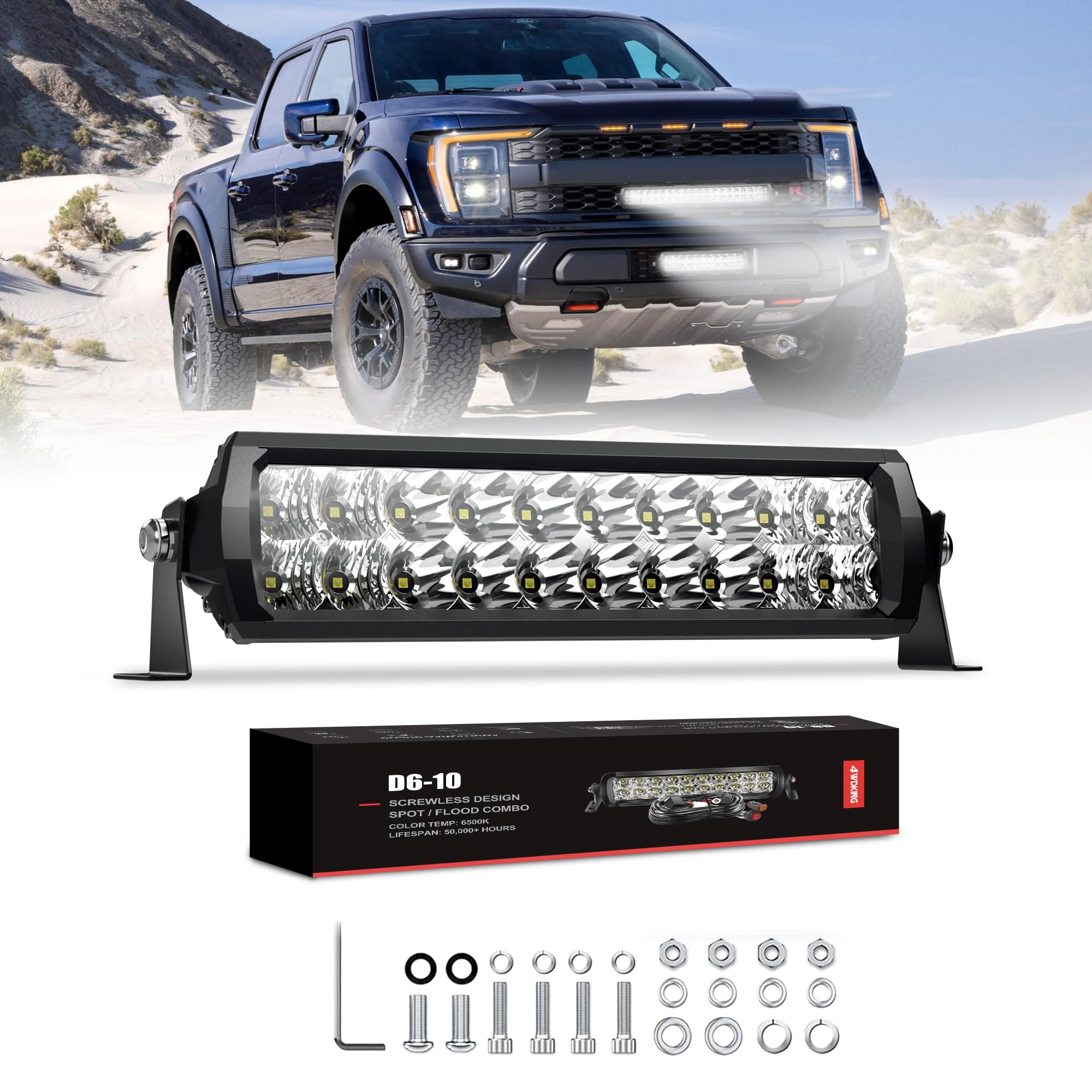 4WDKING LED Light Bar 10 inch IP68&IP69K Waterproof Dual Row Off Road Light Bar with DT Connector 100W Flood and Spot Combo Beam Work Light for Truck Cars ATV UTV Boat