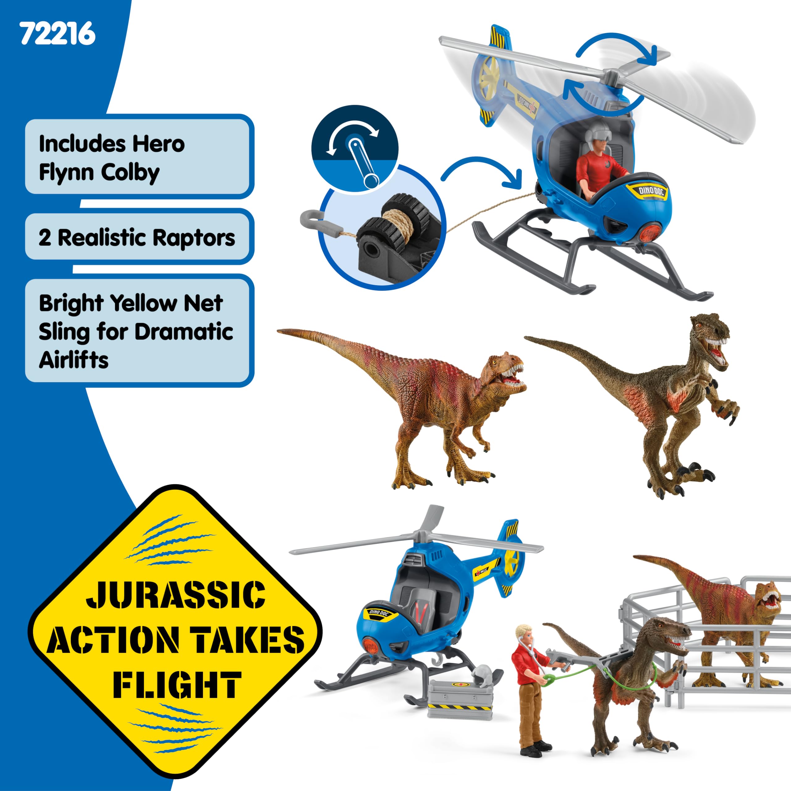 schleich DINOSAURS | Ratunek dinozaurów helikopterem 72216 | Zestaw z helikopterem, Flynnem, 2 dinozaurami i akcesoriami | Prezent dla dzieci | Zabawka od 5 lat | 28 elementów | tylko na Amazon
