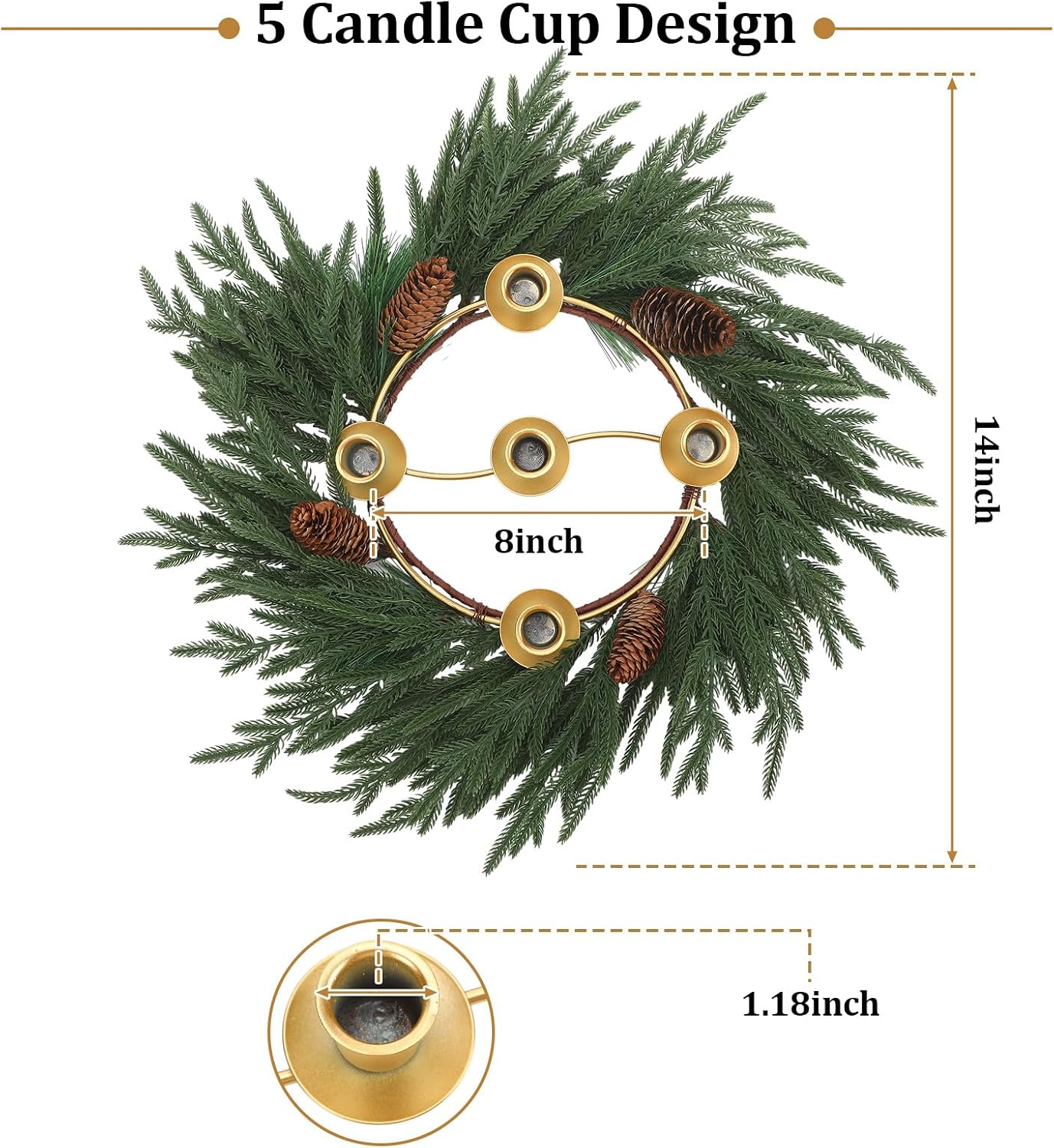 Yinder Norfolk Pine & Pinecone Wreath 14" 5-Hole Gold Centerpiece