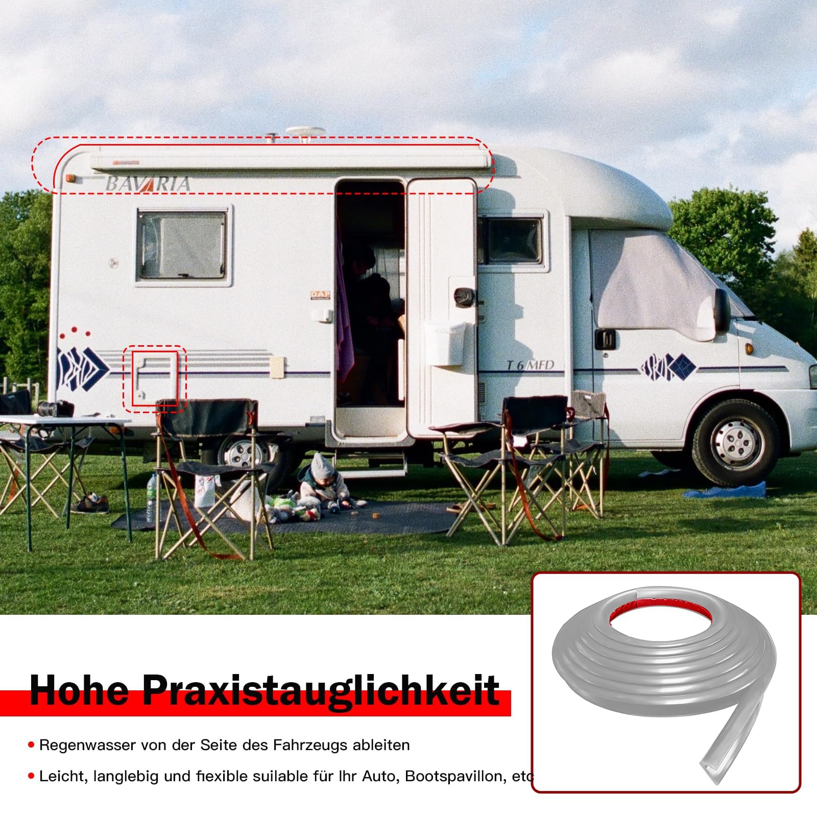Canalón de lluvia J Shape RV, parte trasera autoadhesiva, canalones de lluvia adecuados para todo tipo de coches, camiones, autocaravanas y yates (gris, 5 m)