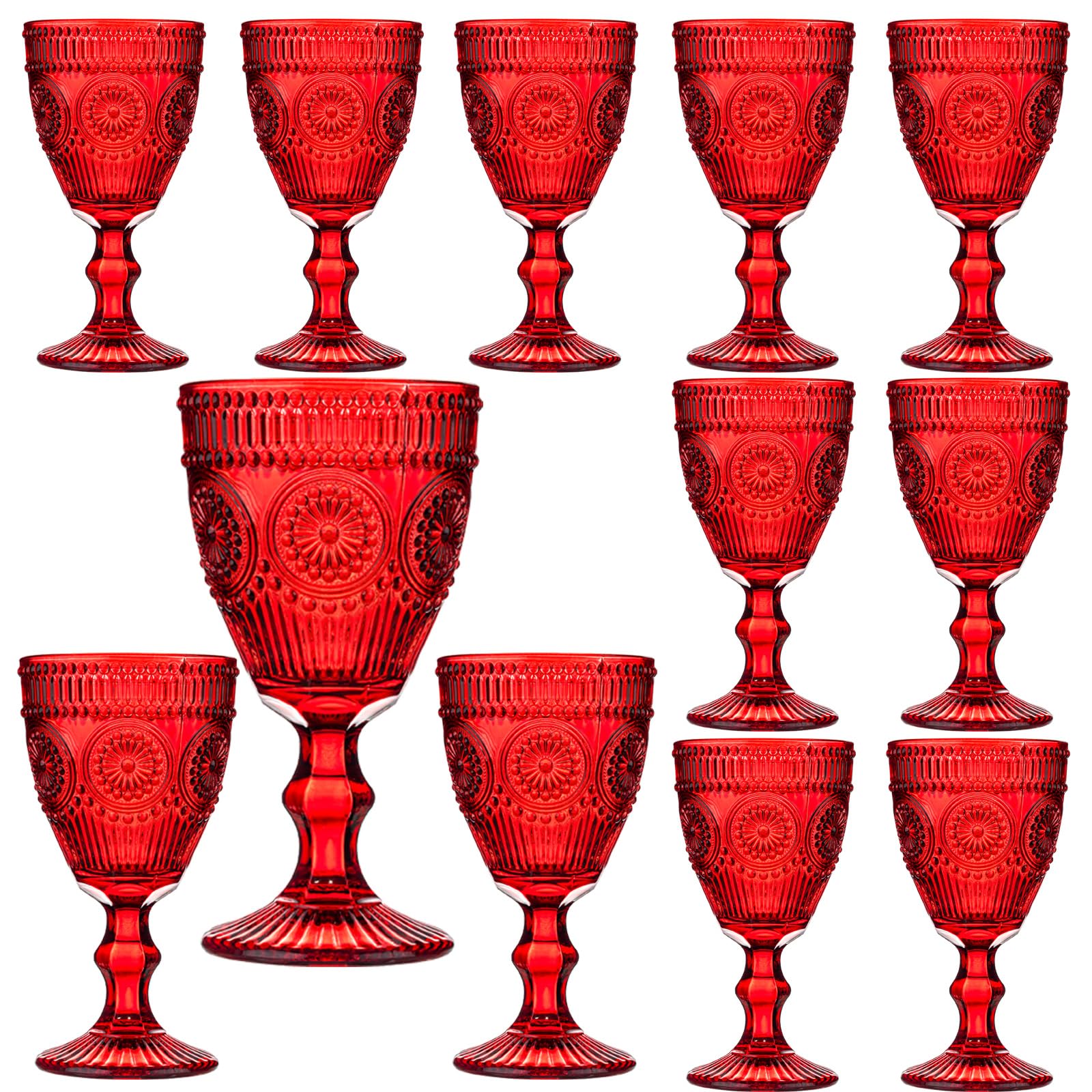 Weingläser im Vintage-Stil, 12-teilig, 284 ml, farbige Glas-Wasserkelche, einzigartiges florales geprägtes Muster, hochklare Stiel, Glaswaren, Hochzeit, Party, Bar, Trinkbecher, ausgefallene Gläser