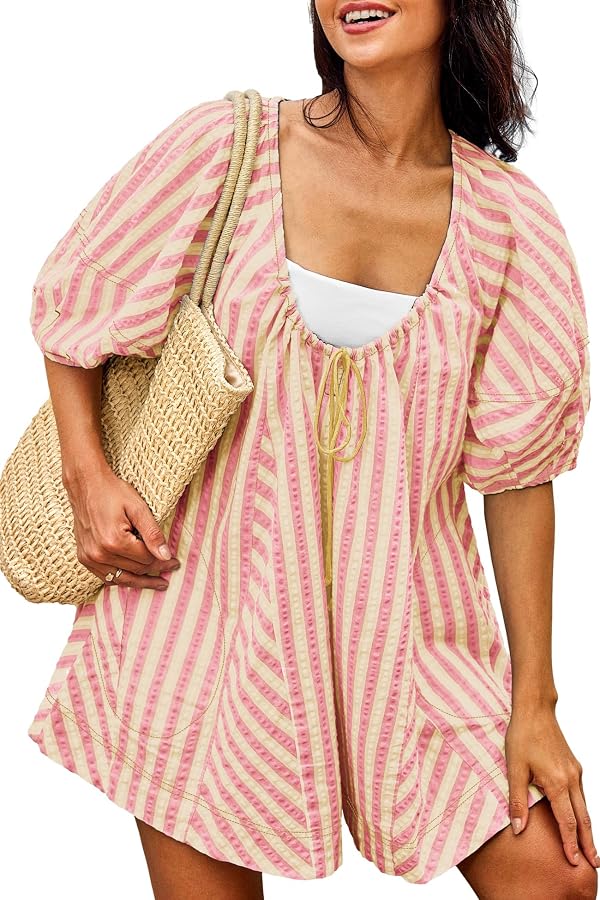ReachMe Womens Summer Striped Rompers Oversized Puff Sleeve Wide Leg Romper Dress Trendy Beach Vacation Outfits(Pink Yellow,M) by ReachMe - Used condition - Image 6
